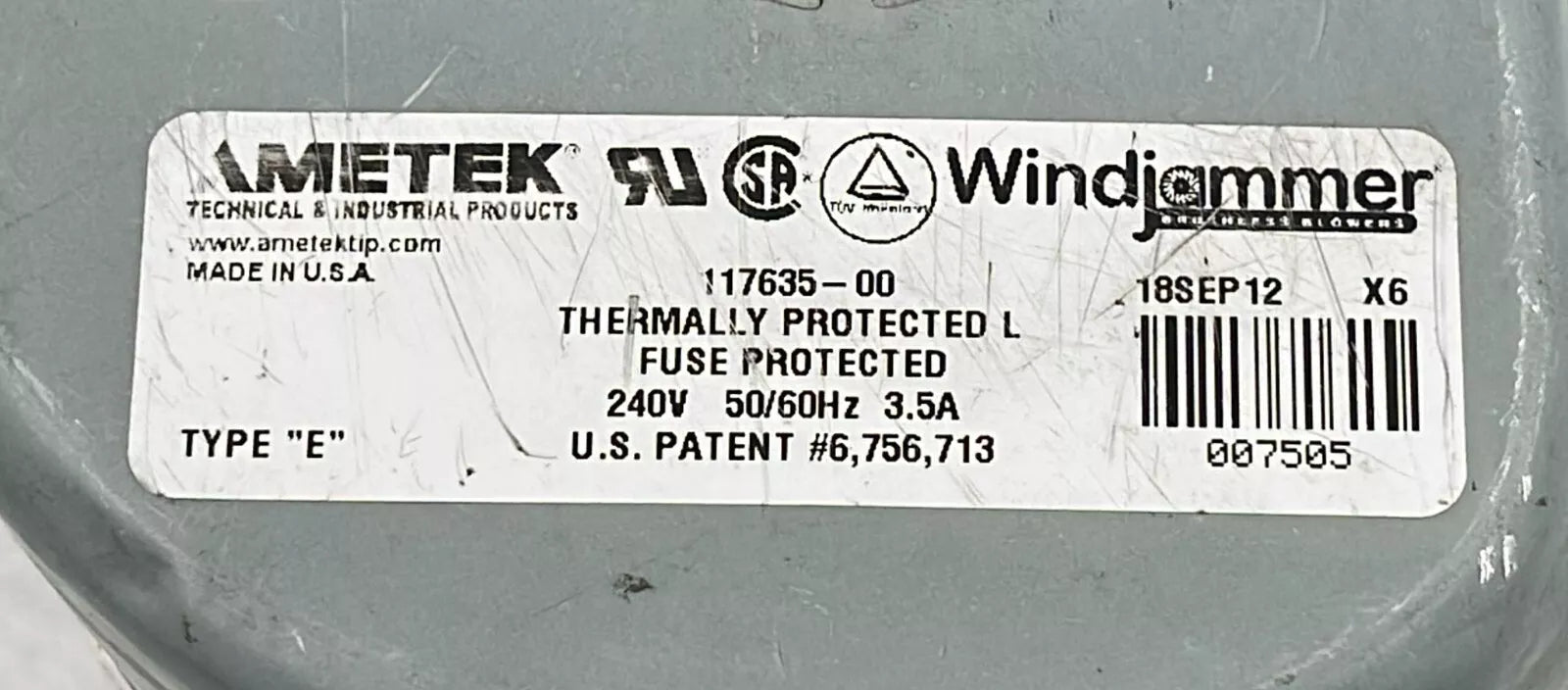 AMETEK Windjammer Brushless Blower 117635-00 Thermally Protected