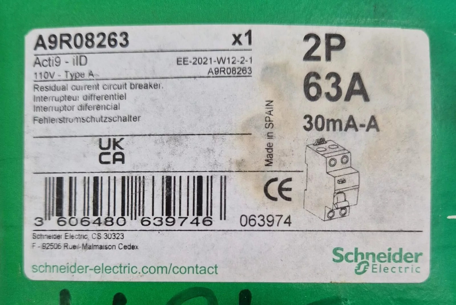 NEW - Schneider Electric Acti 9 iID A9R08263 Circuit Breaker 2P 63A 30mA-A 110V