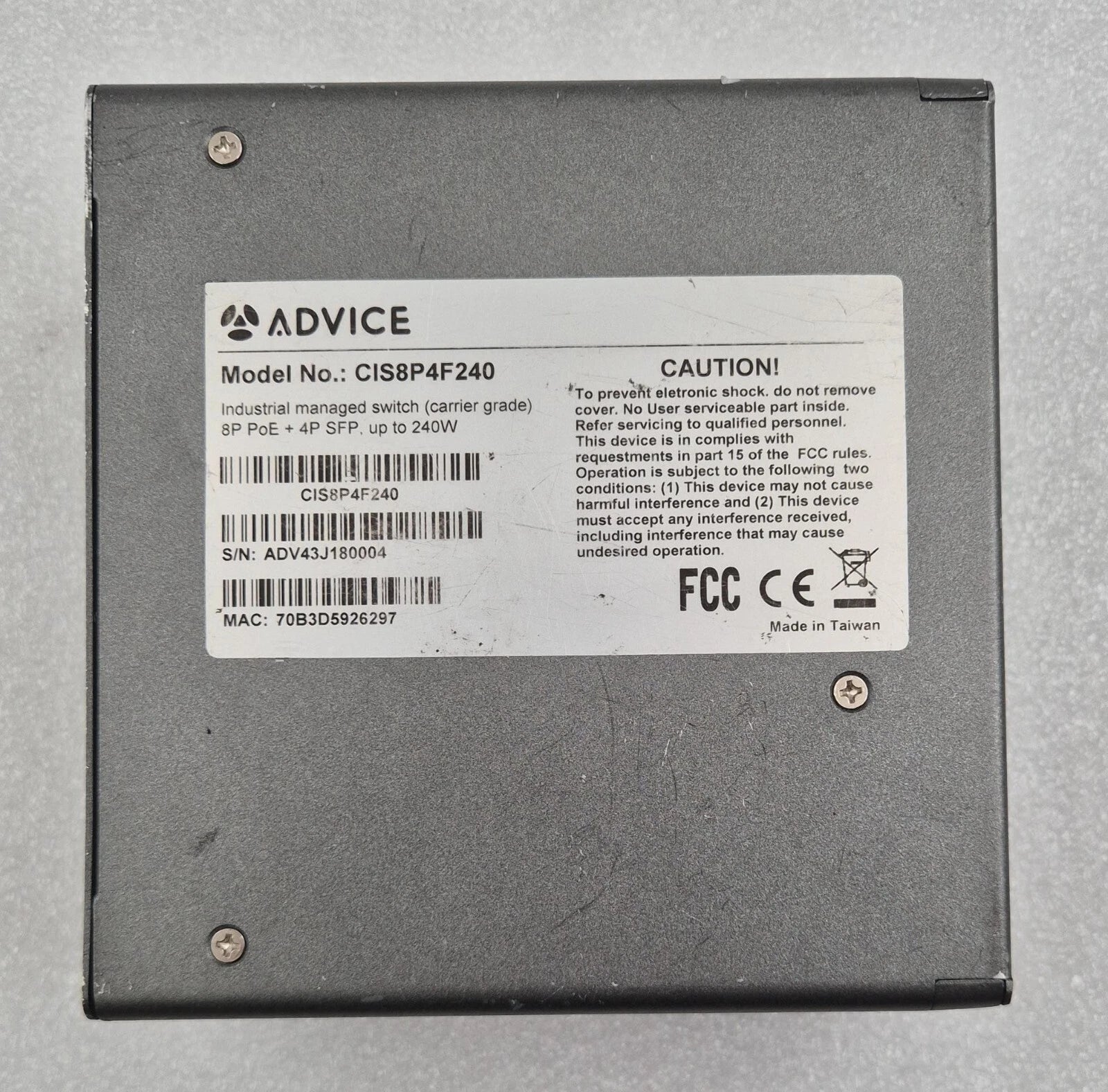 ADVICE CIS8P4F240 Industrial Managed Switch 8P POE + 4P SFP 240W **AS-IS**