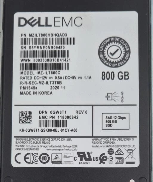 Dell EMC 800GB SSD SAS 12Gbps 2.5'' MZILT800HBHQAD3 MZ-ILT800C 0GW8T1 PM1645a