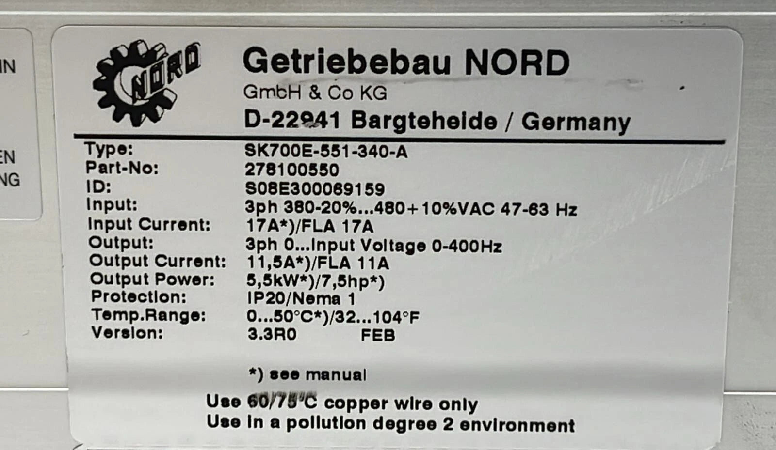 Nord SK700E-551-340-A Drive 278100550 Inverter VFD Motor Controller