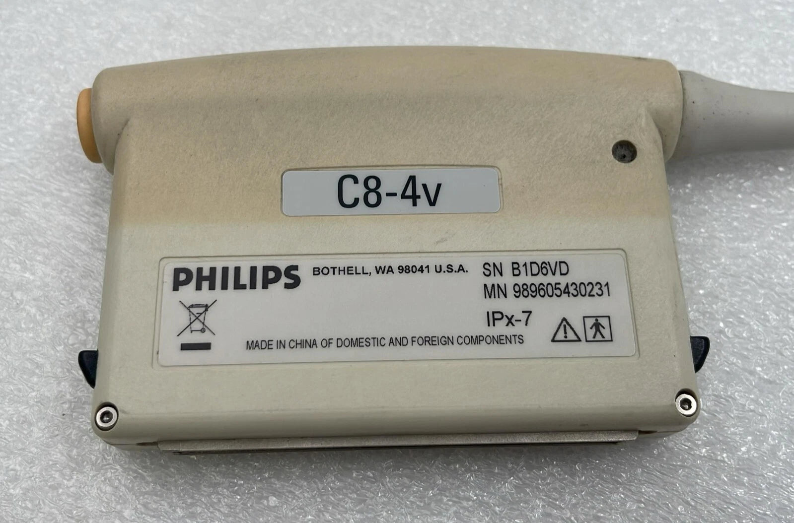 Philips C8-4v rear label and model identification close-up