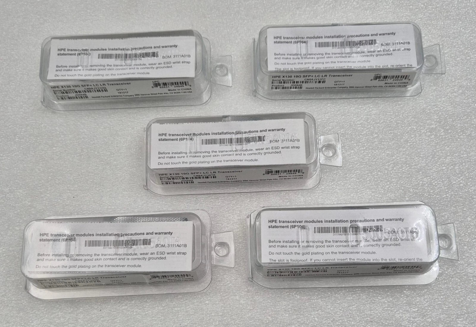 HPE JD094B X130 10G SFP+ LC LR transceiver modules in packaging