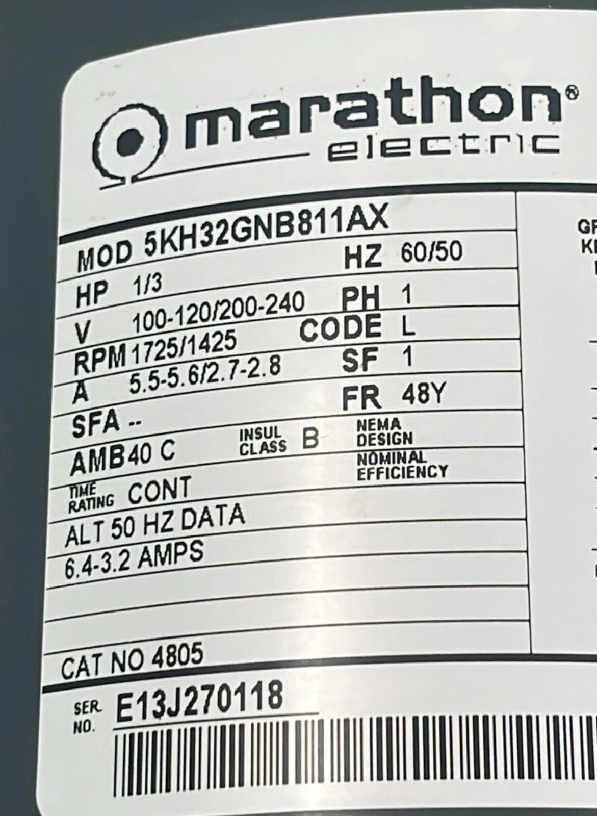 Marathon 5KH32GNB811AX 1/3-HP 1-PH 60/50-HZ 1725-RPM AC Motor