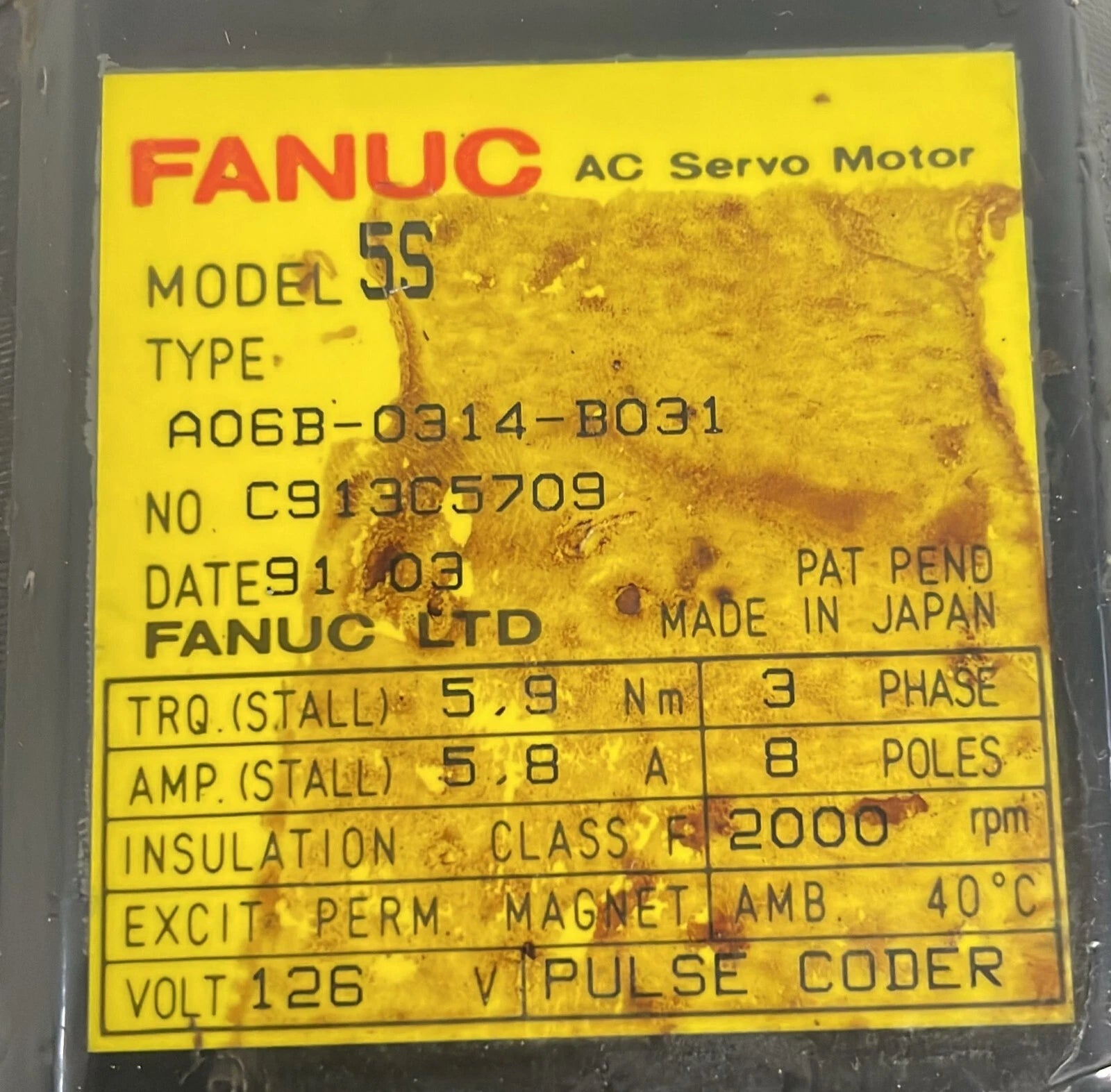FANUC A06B-0314-B031 AC Servo Motor 5S 2000RPM