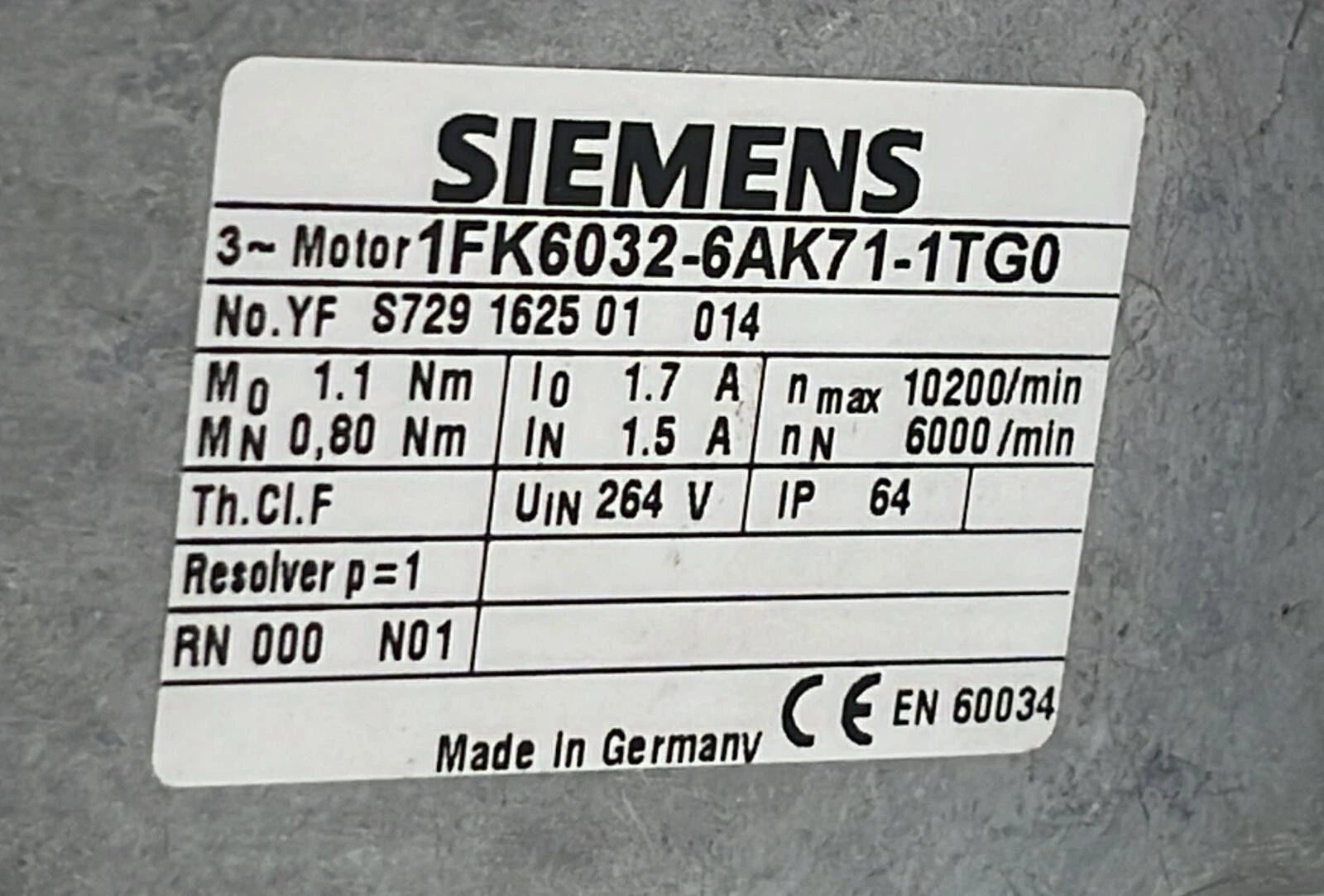 Siemens 1FK6032-6AK71-1TG0 Servo Motor