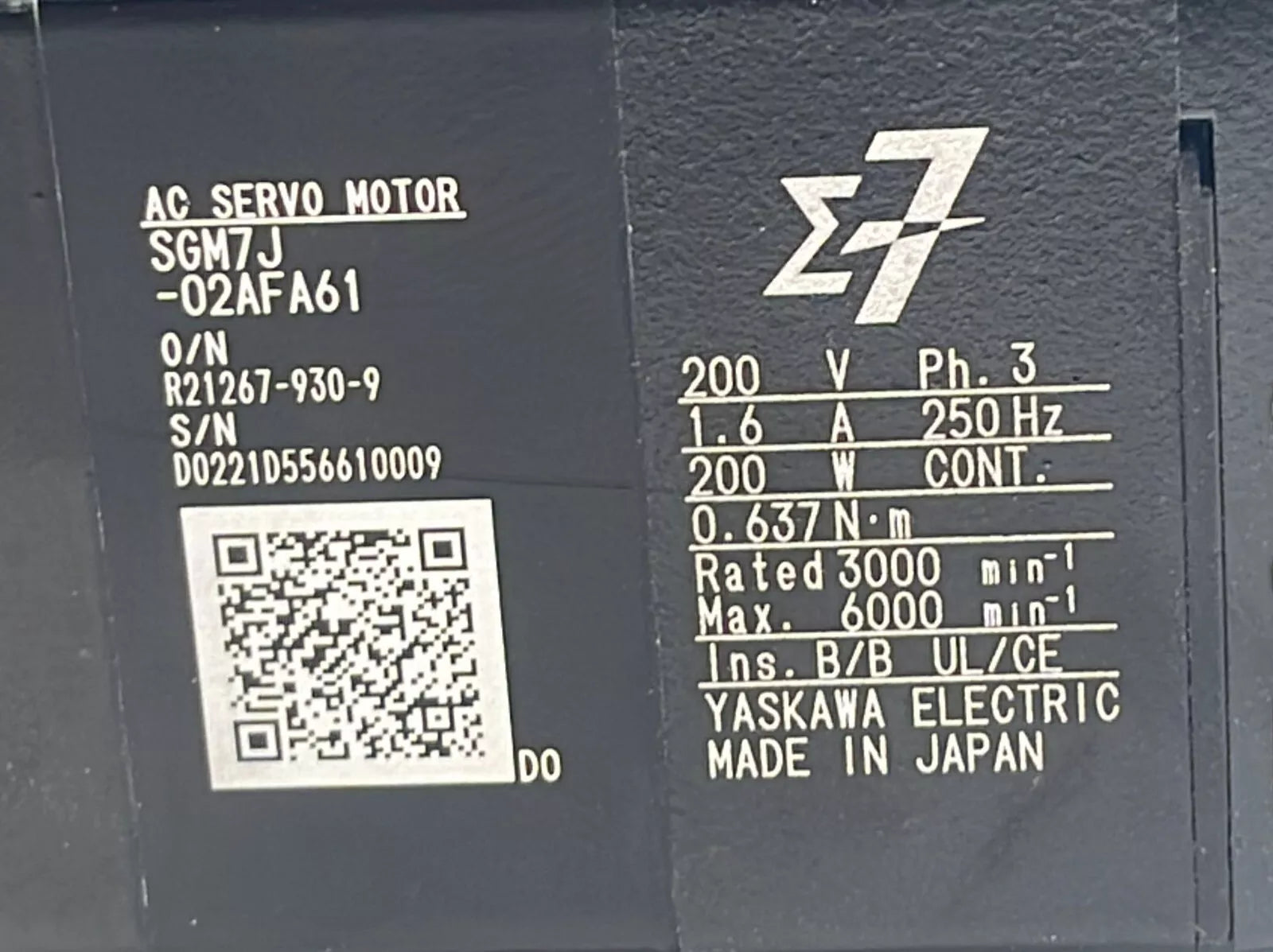 YASKAWA SGM7J-02AFA61 AC SERVO MOTOR 200V PH-3 1.6A 250Hz W/ Gear PLGS005-EAT007