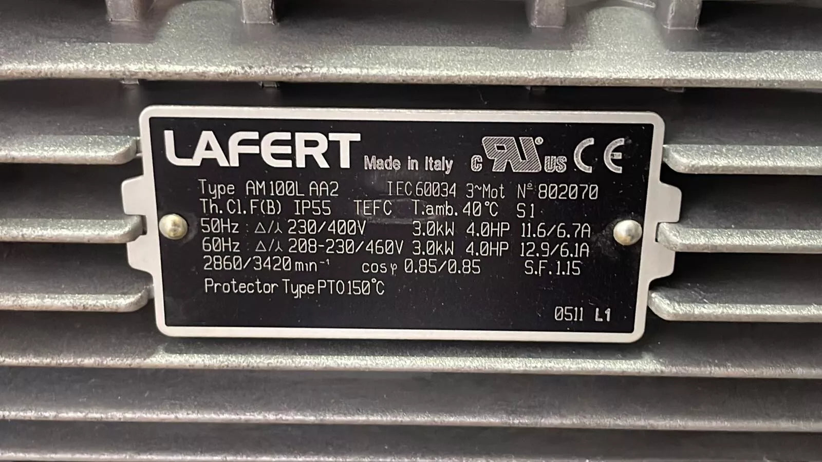 Lafert Motor AM100L AA2 4-HP 208-230/460 Volts 3420 Rpm 100L Frame
