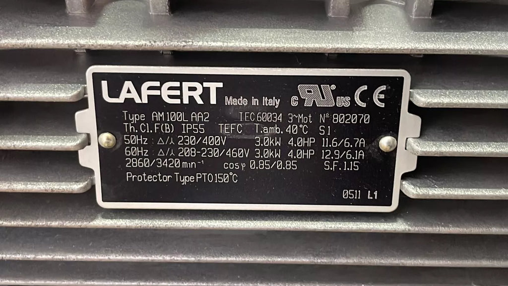 Lafert Motor AM100L AA2 4-HP 208-230/460 Volts 3420 Rpm 100L Frame