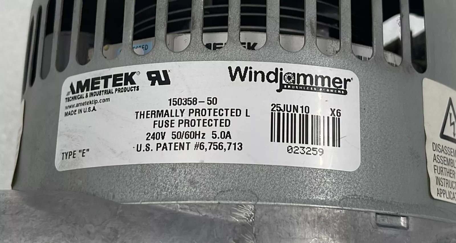 AMETEK Windjammer Brushless Blower 150358-50 Thermally Protected