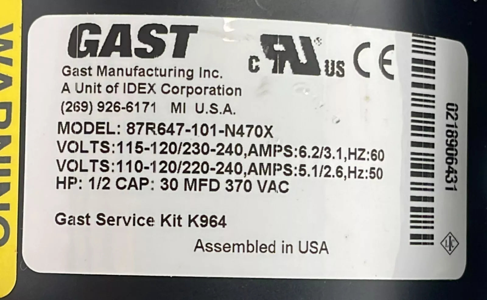 GAST K48ZZEFL-1162 Twin Cylinder Vacuum Pump 87R647-101-N470X