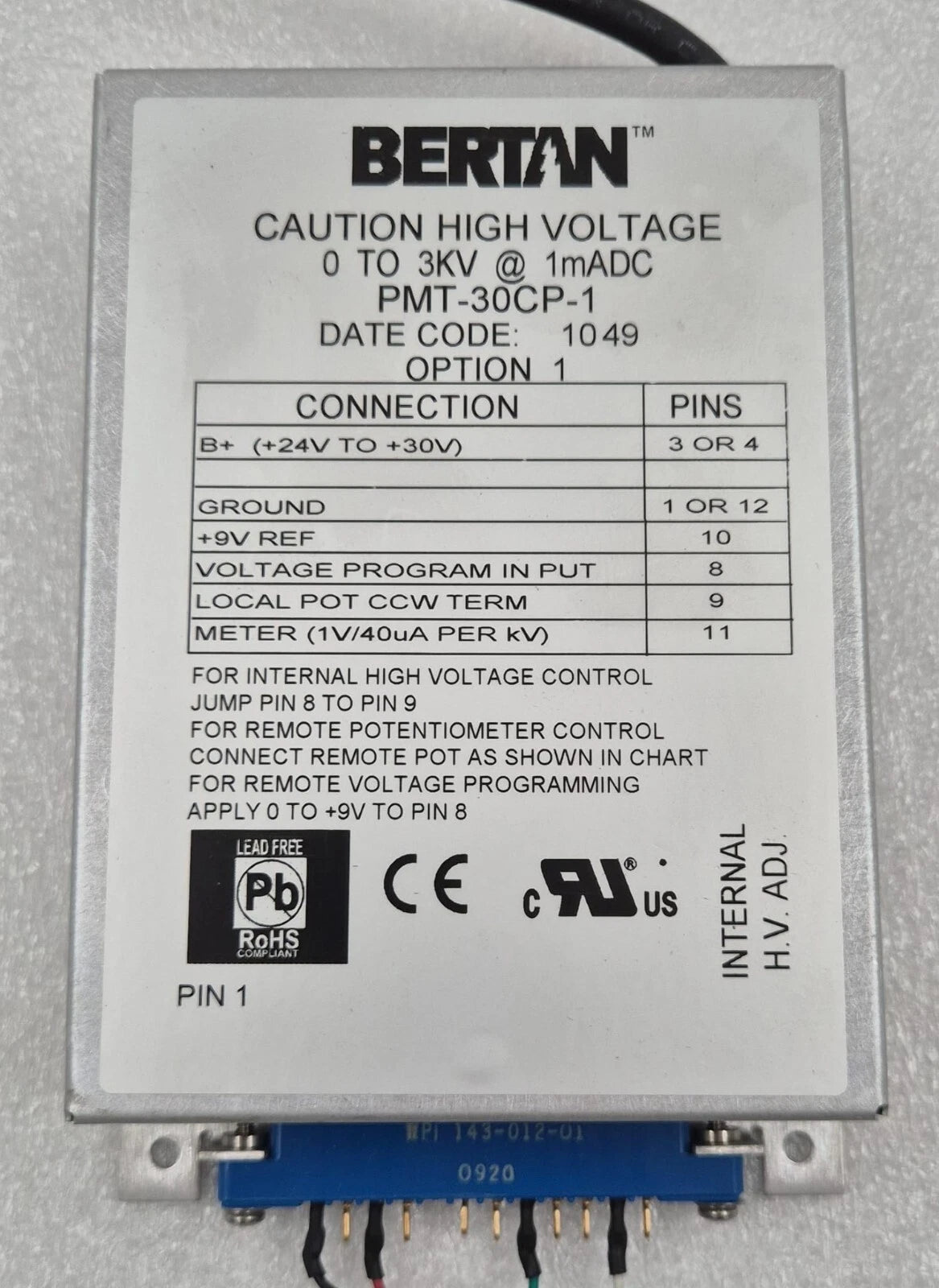 Spellman BERTAN PMT-30CP-1 0-3KV HIGH VOLTAGE POWER SUPPLY DEL HVPS MOD 3KV