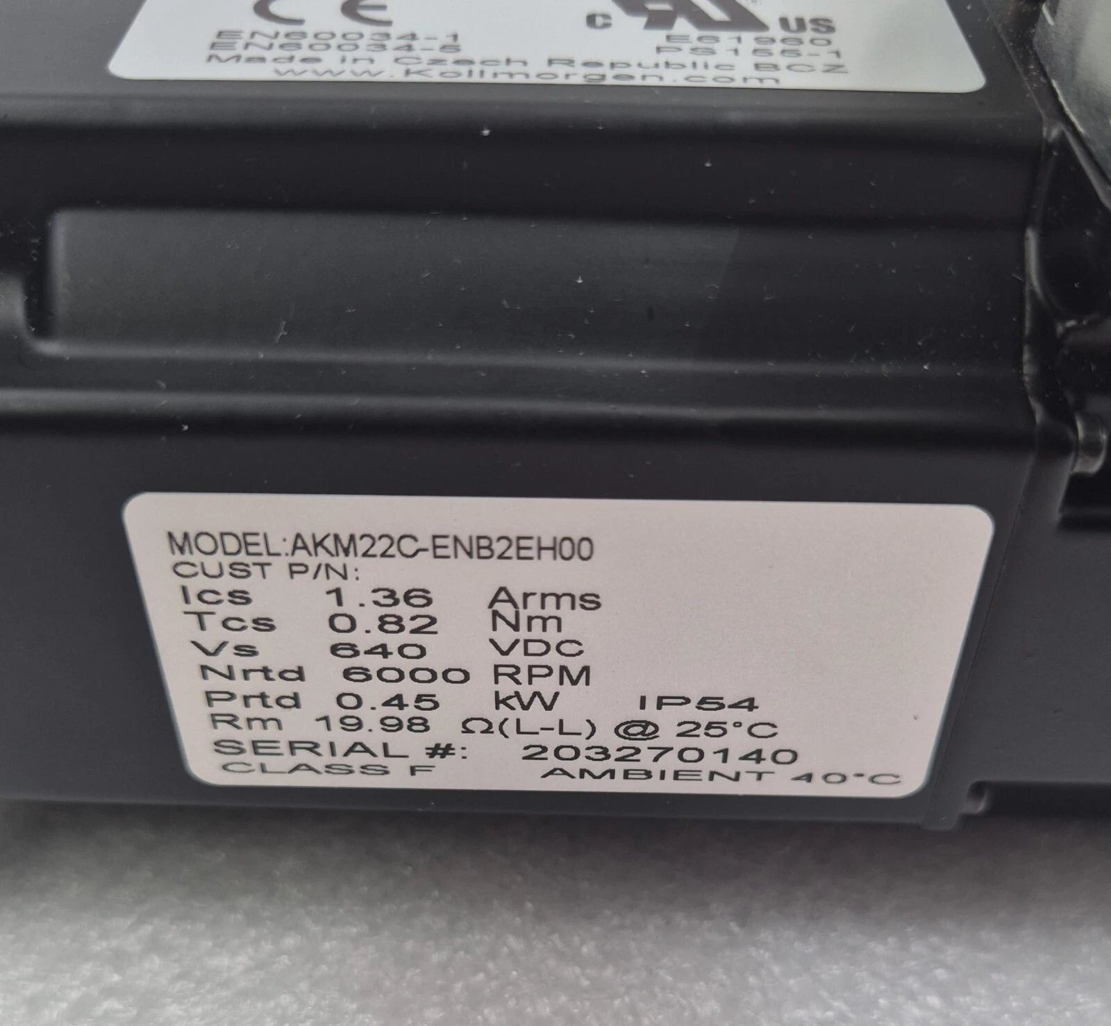 Kollmorgen AKM22C-ENB2EH00 PM Servo Motor 6000 RPM 0.45 kW