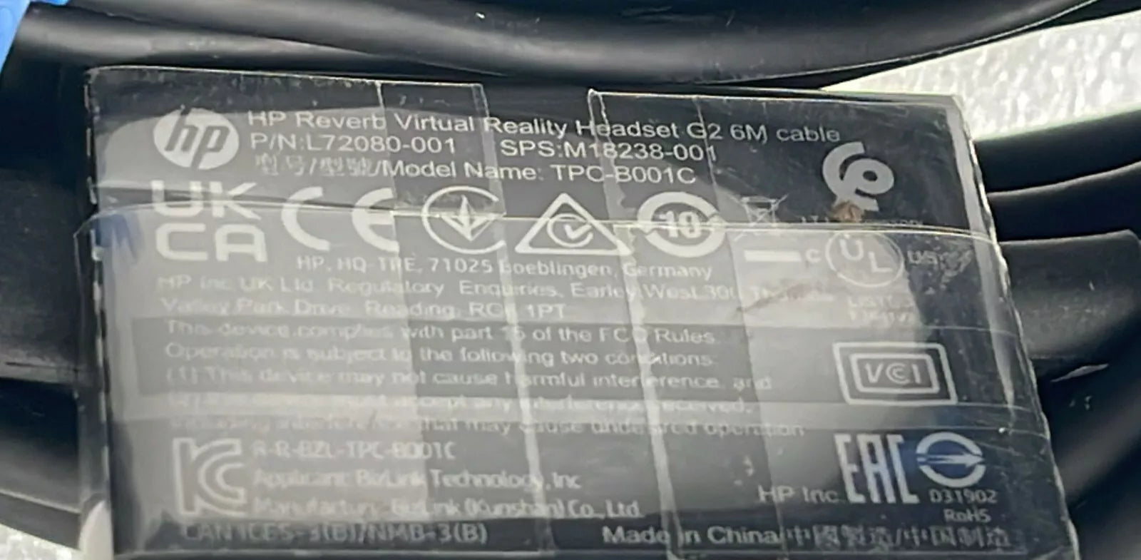 HP Reverb Virtual Reality Headset G2 6M Cable L72080-001 TPC-B001C