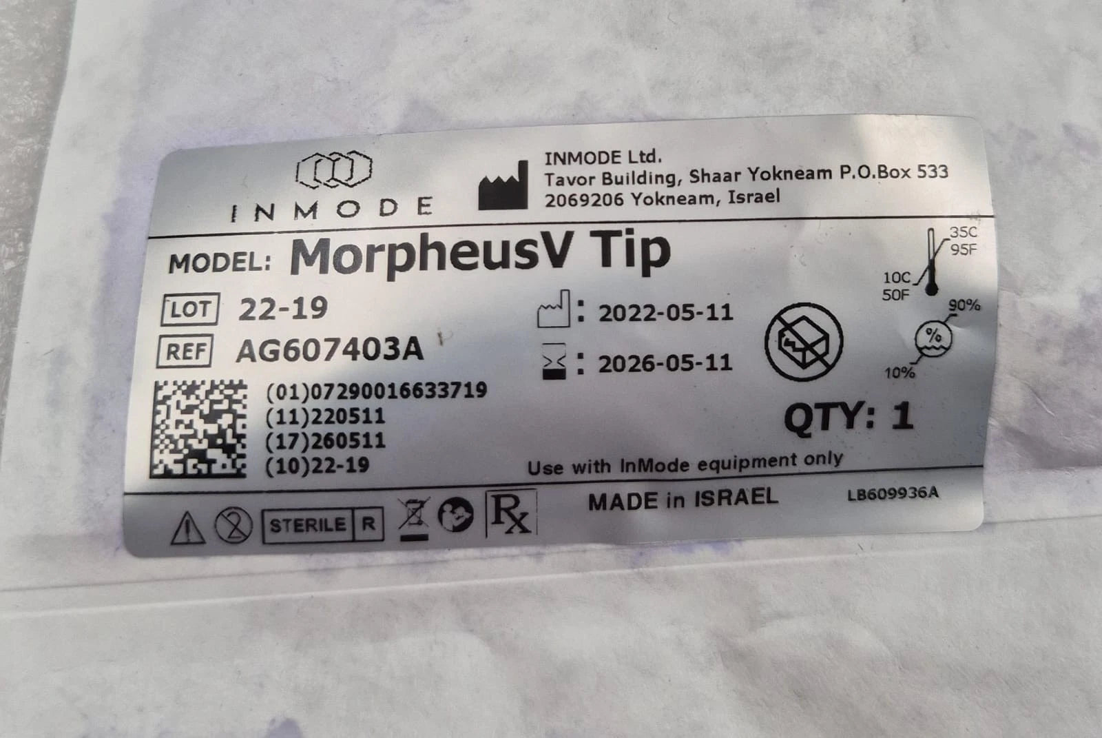 INMODE MorpheusV Tip AG607403A product label close-up
