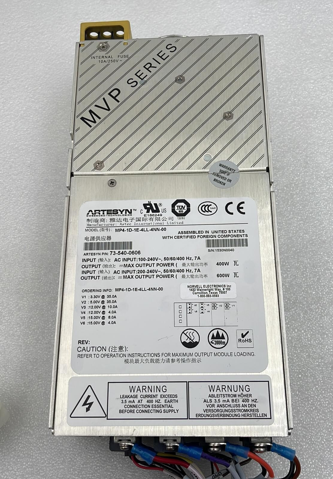 ARTESYN MVP SERIES MP4-1D-1E-4LL-4NN-00 Power Supply 73-540-0606