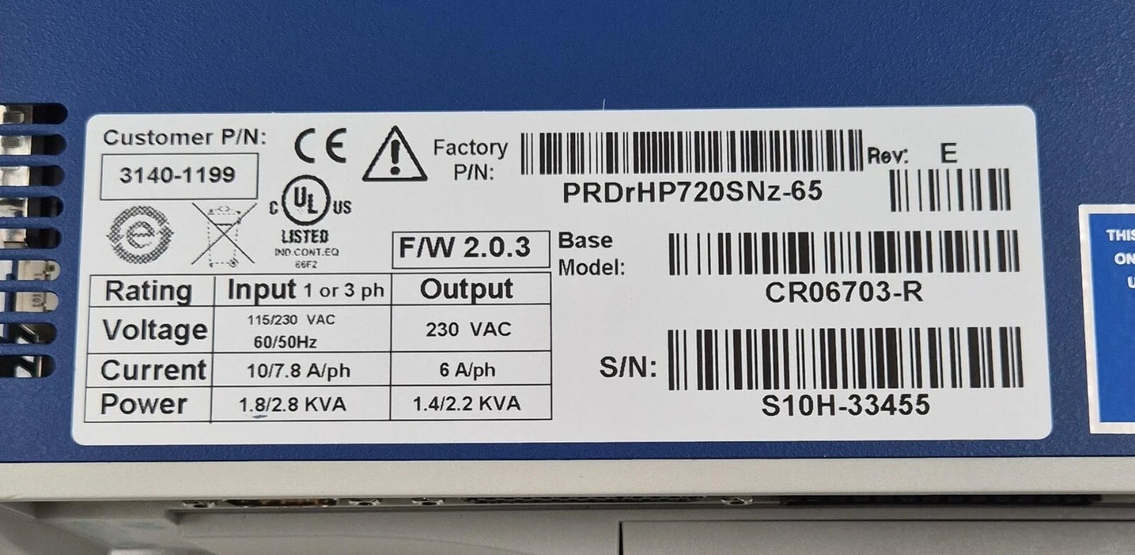 Kollmorgen Servotronix CD CR06703-R PRDrHP720SNz-65 3140-1199 Servo Controller