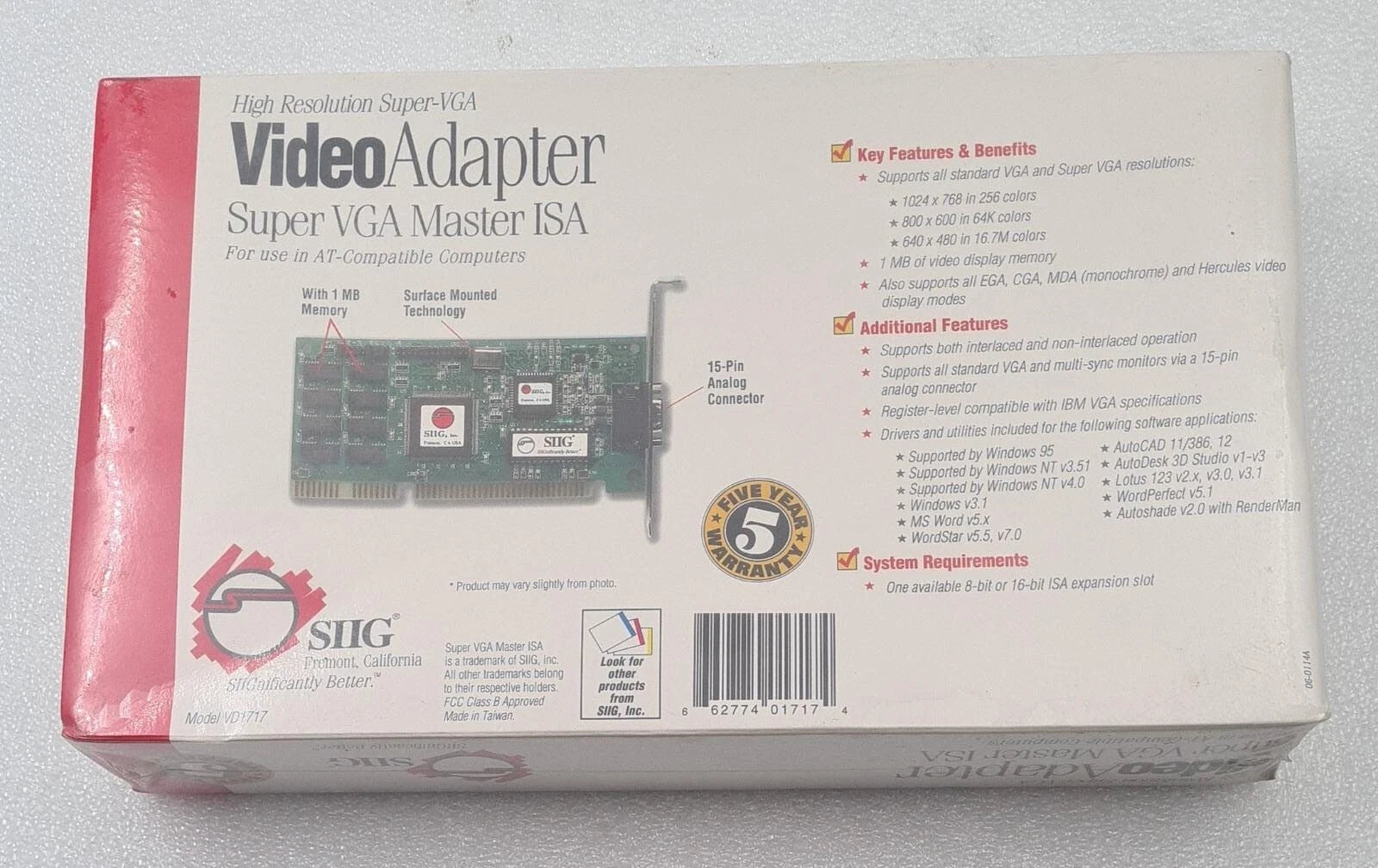 NEW SEALED - SIIG VD1717 Video Adapter Super VGA Master ISA Slot AT Compatible