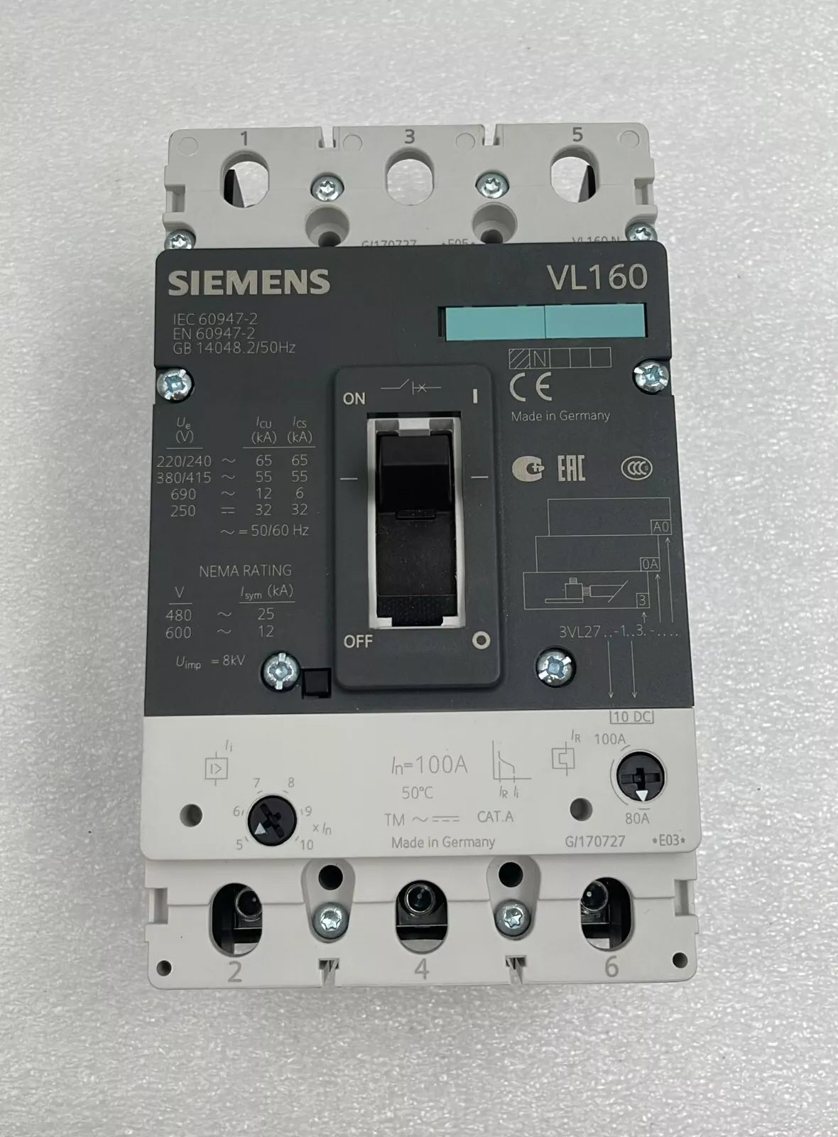 Siemens VL160 Circuit Breaker 3VL2716-1AA33-0AA0 W/Current Trigger 3VL9210-7DC30