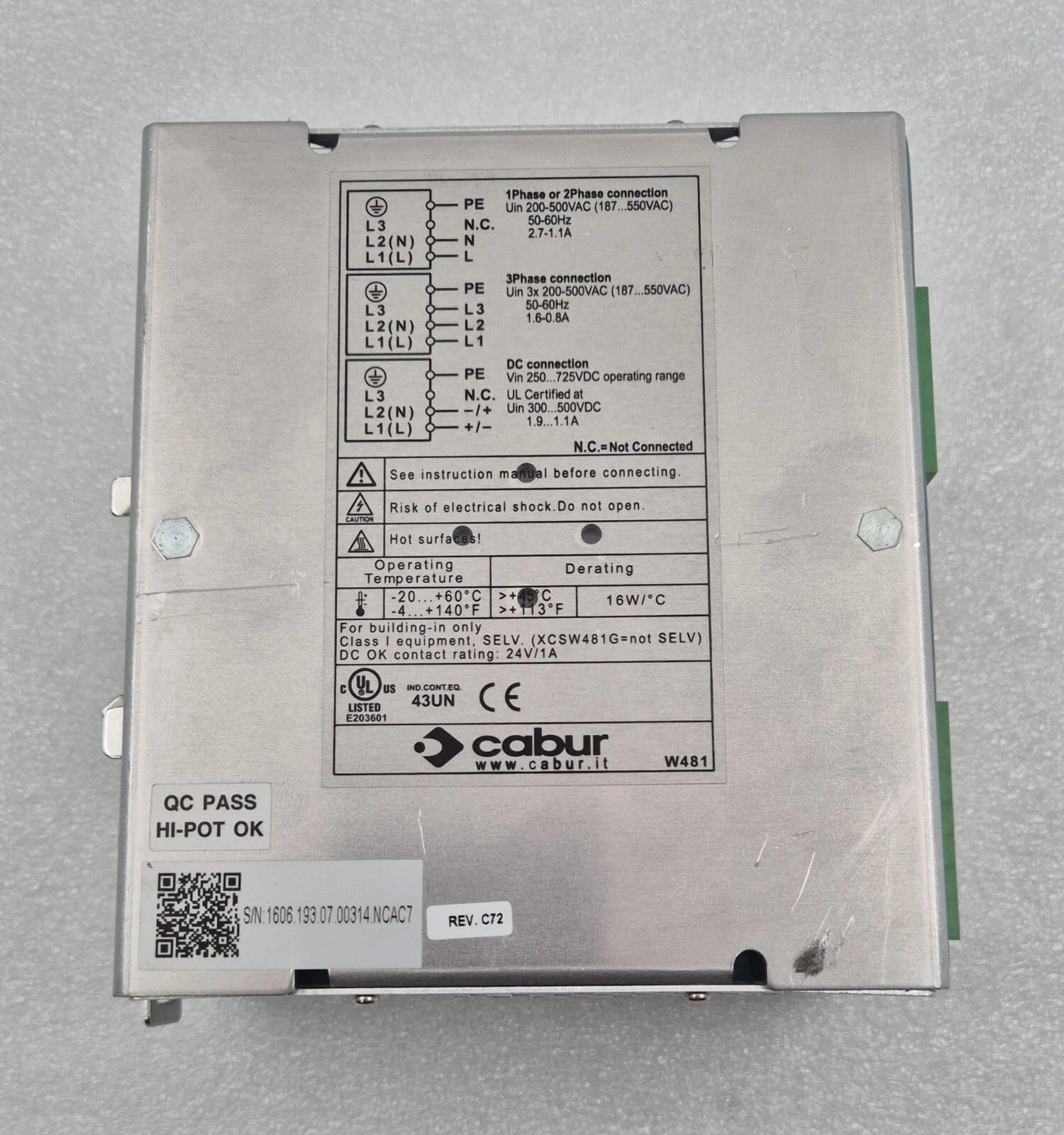 Cabur XCSW481D specification label rear panel