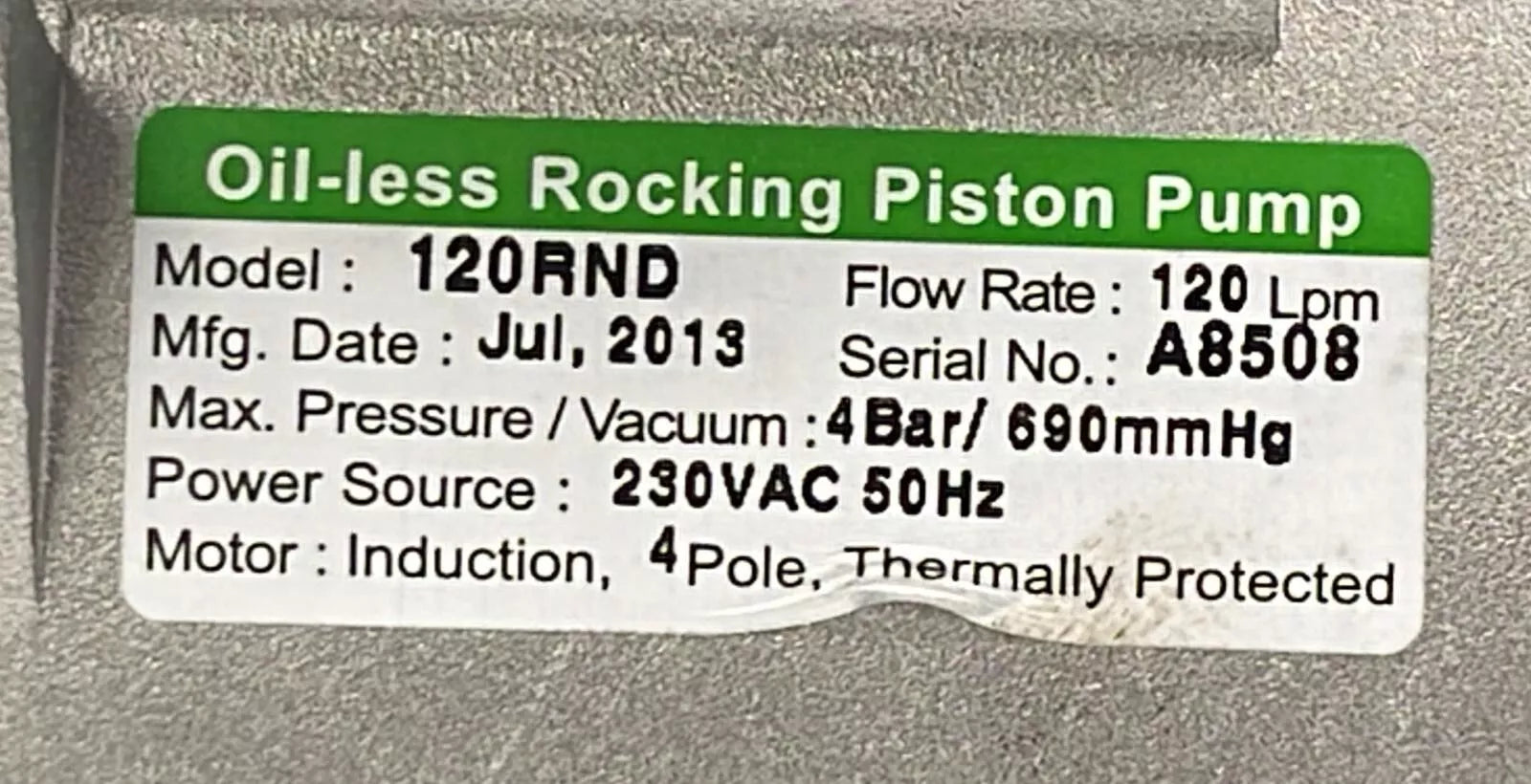 G&M Tech Oil-Less Rocking Piston Pump 120RND 230VAC 50Hz 4Bar