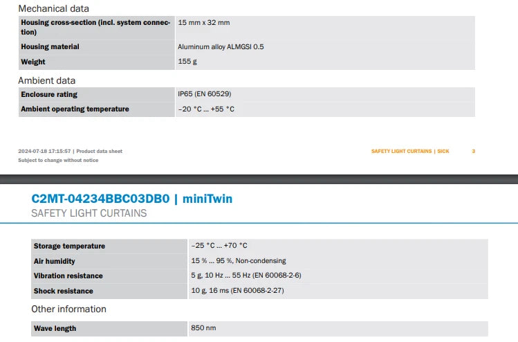 NEW - SICK miniTwin2 C2MT-04234BBC03DB0 1207966 Safety Light Curtains Sensor