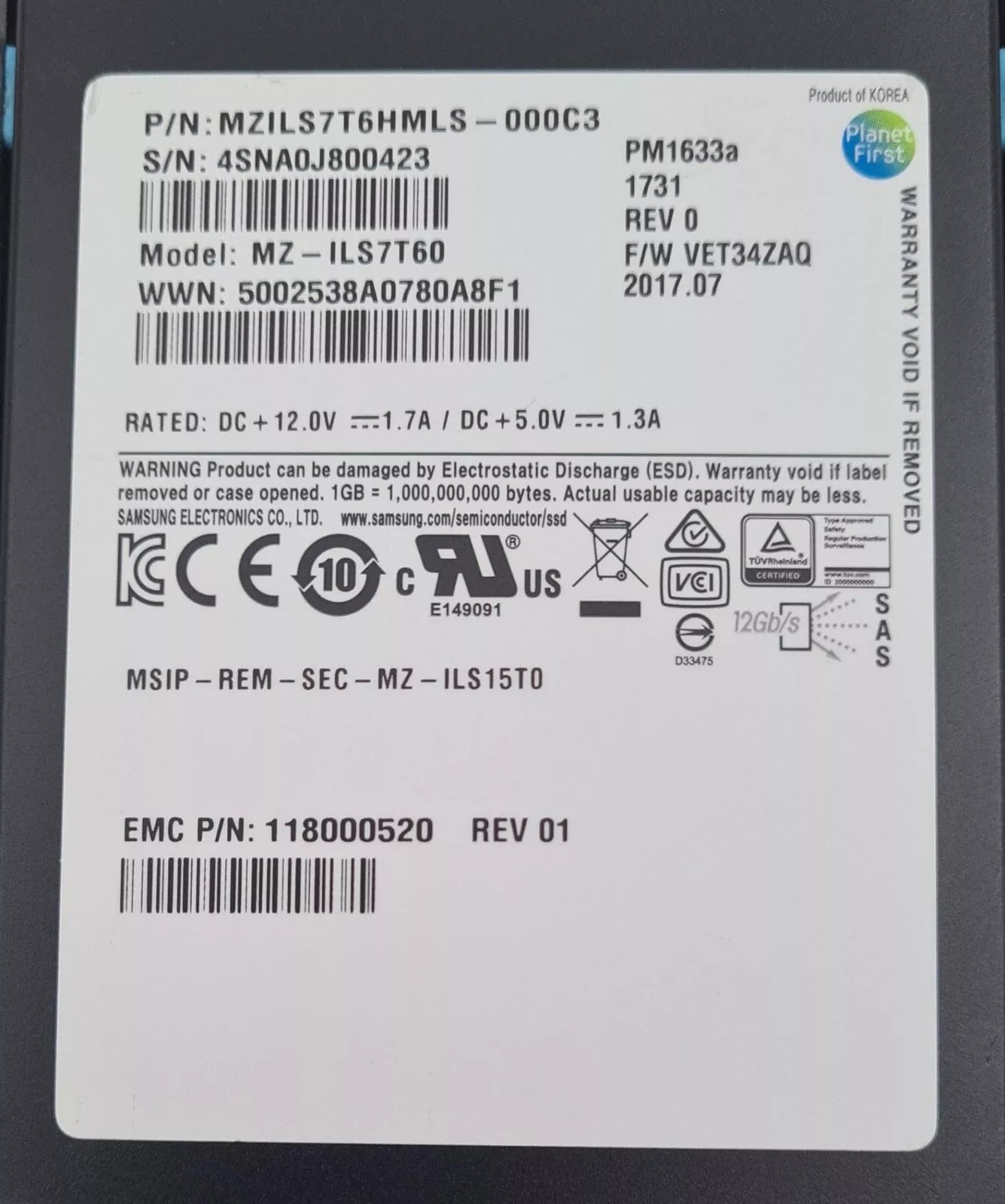 SAMSUNG 7.68TB SAS 12Gb/s 2.5" FLASH SSD MZ-ILS7T60 MZILS7T6HMLS-000C3 PM1633a