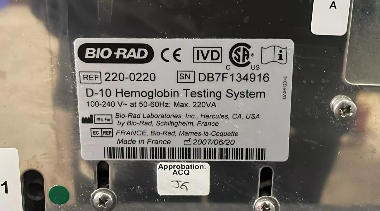 Bio-Rad D-10 Hemoglobin Testing System 220-0220 **AS IS