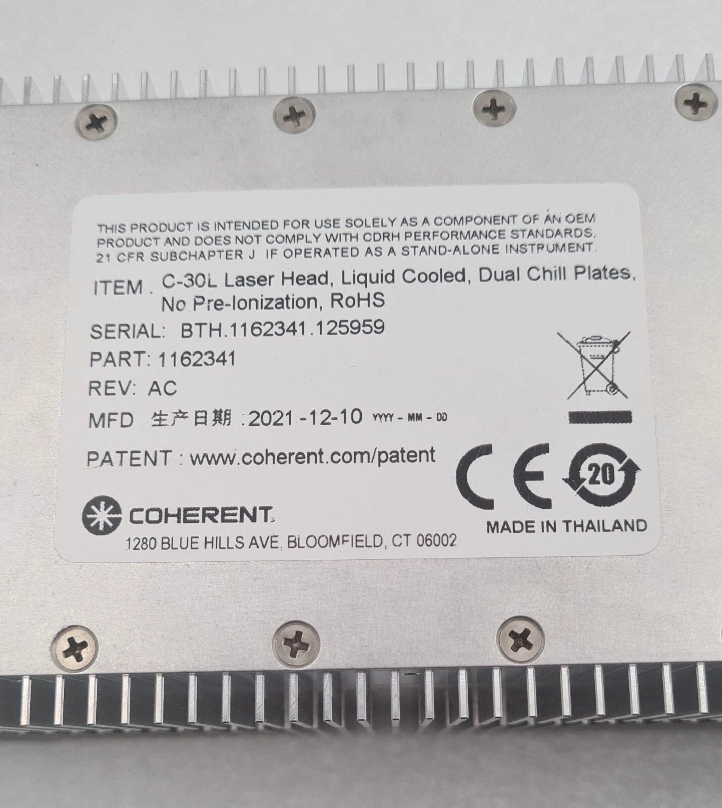 COHERENT C-30L Laser Head Liquid Cooled 1162341 REV AC YEAR 2021