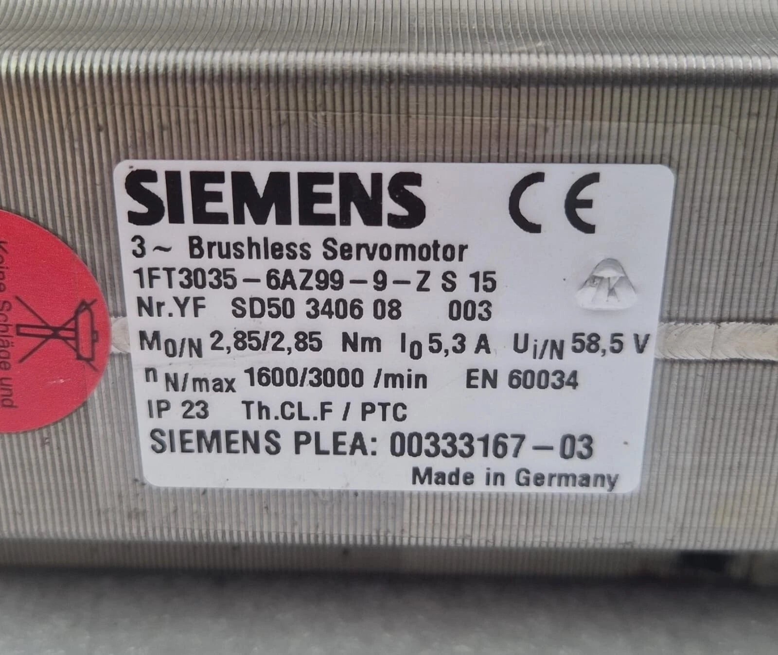 SIEMENS 1FT3035-6AZ99-9-Z S 15 00333167-03 Brushless Servomotor 3AC