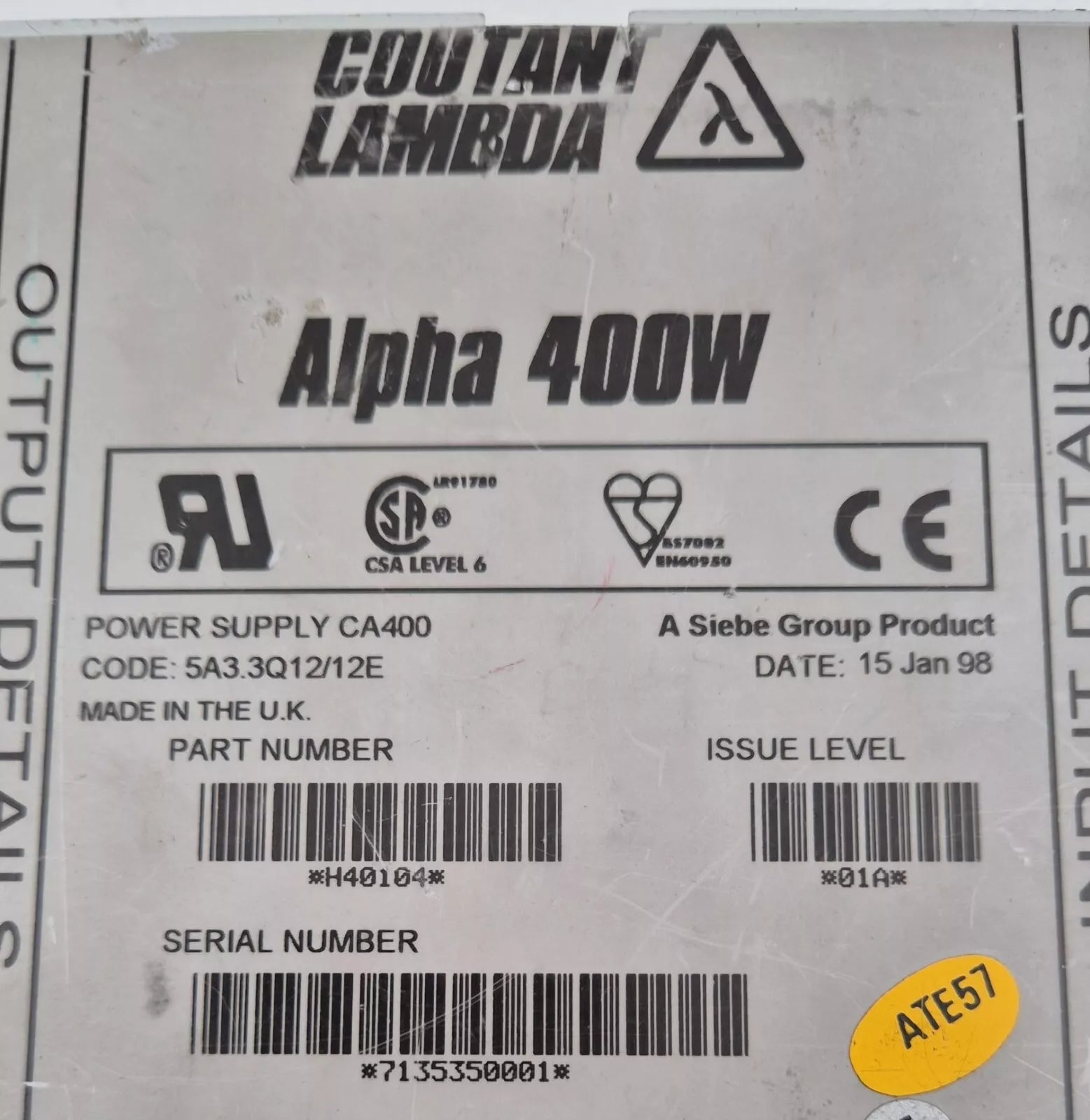 COUTANT LAMBDA Alpha 400W POWER SUPPLY CA400 H40104 01A