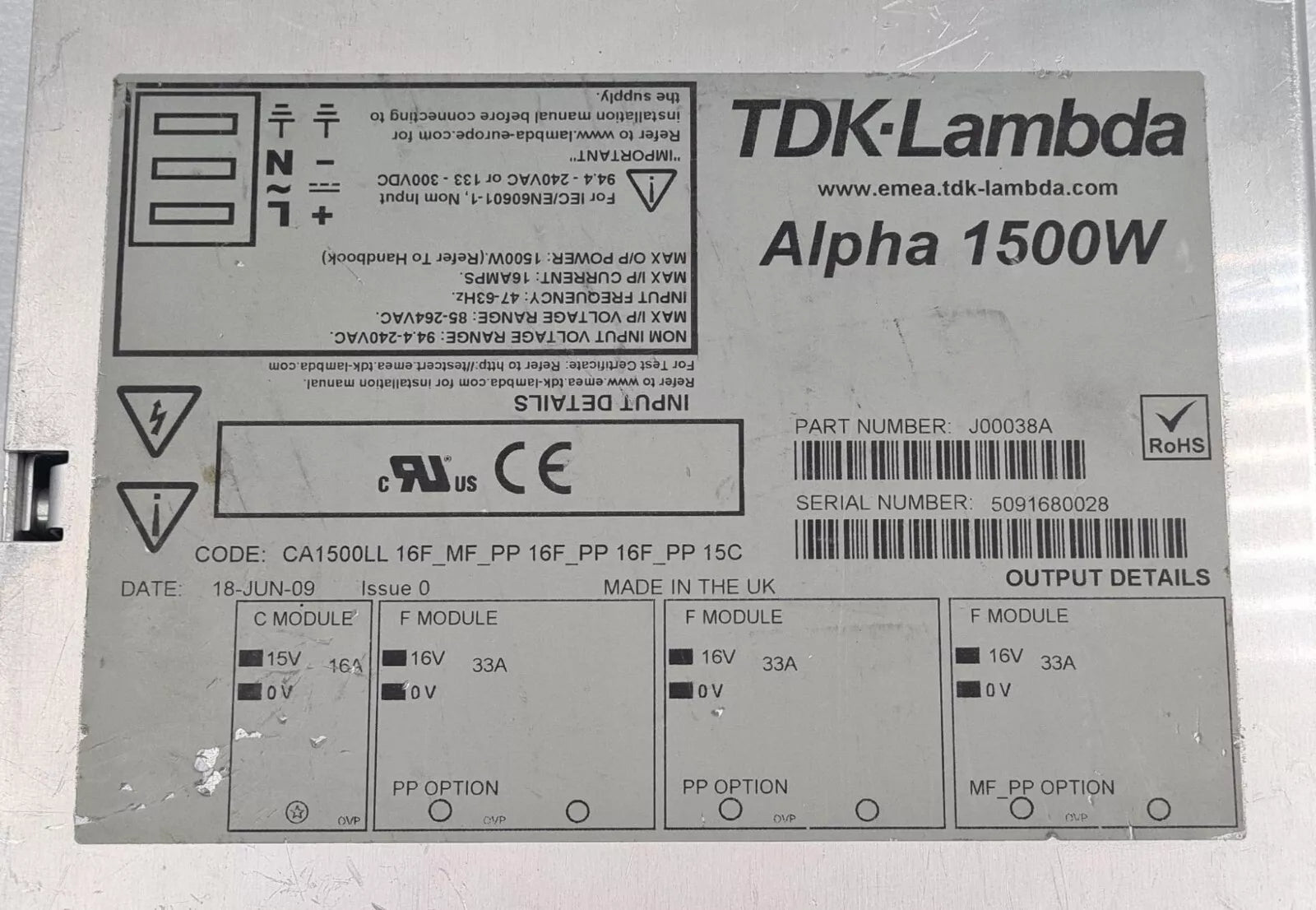TDK-Lambda Alpha 1500W J00038A CA1500LL Power Supply Module