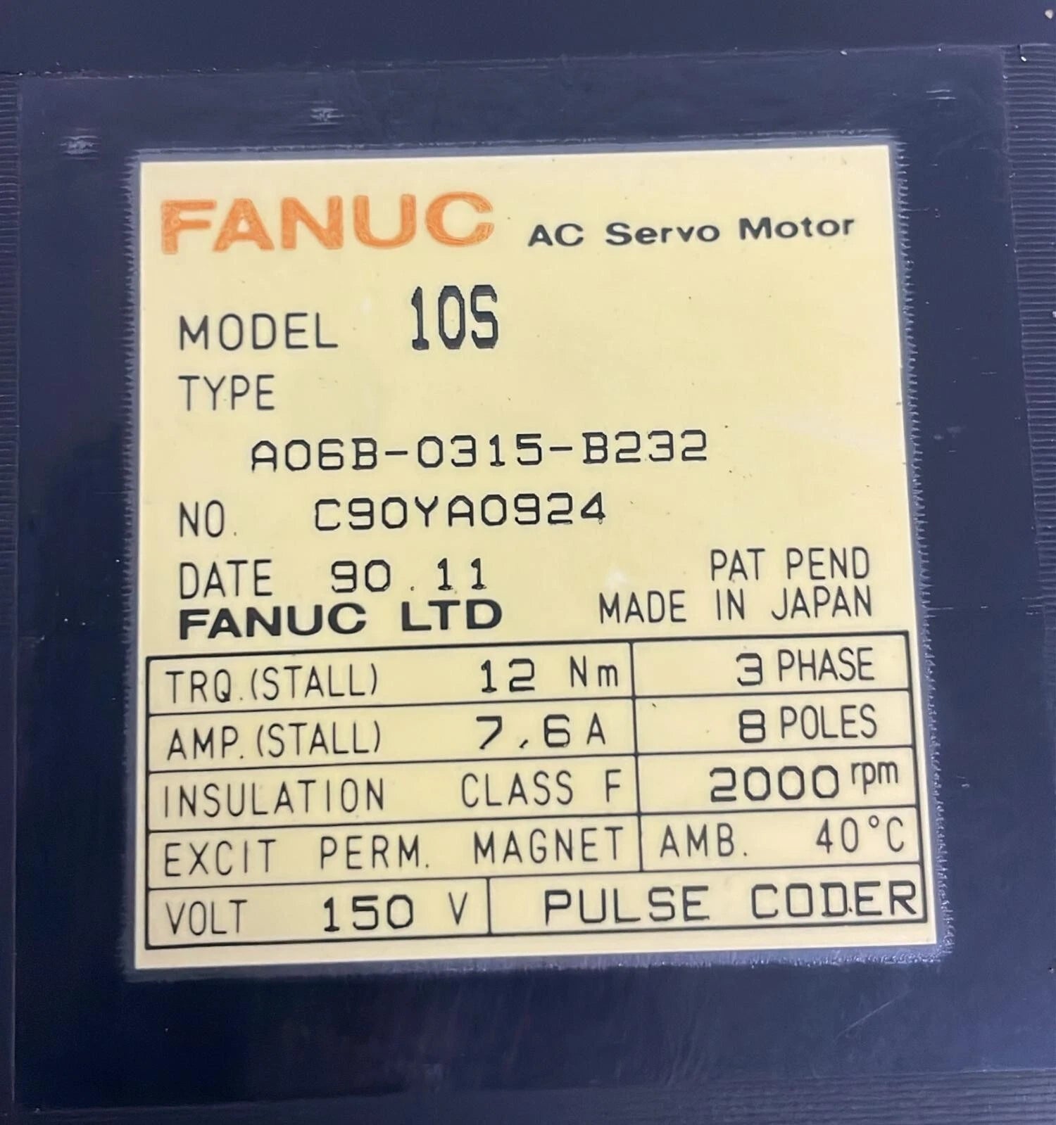 FANUC A06B-0315-B232 AC Servo Motor 10S 2000RPM Taper Shaft