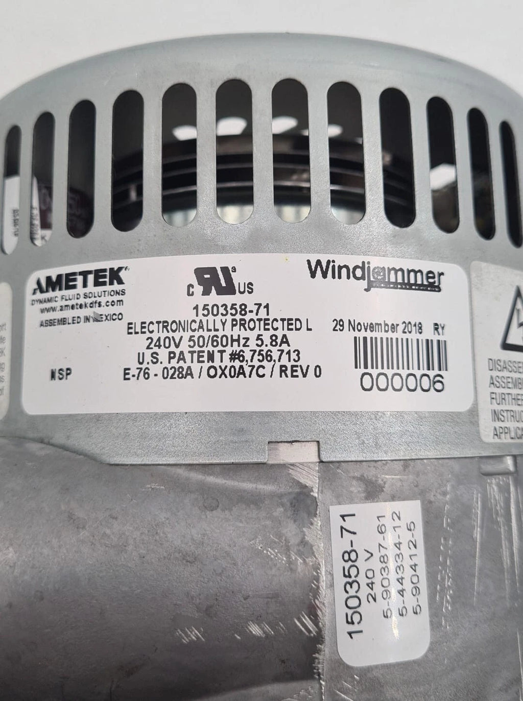 AMETEK Windjammer Brushless Blower 150358-71 Thermally Protected