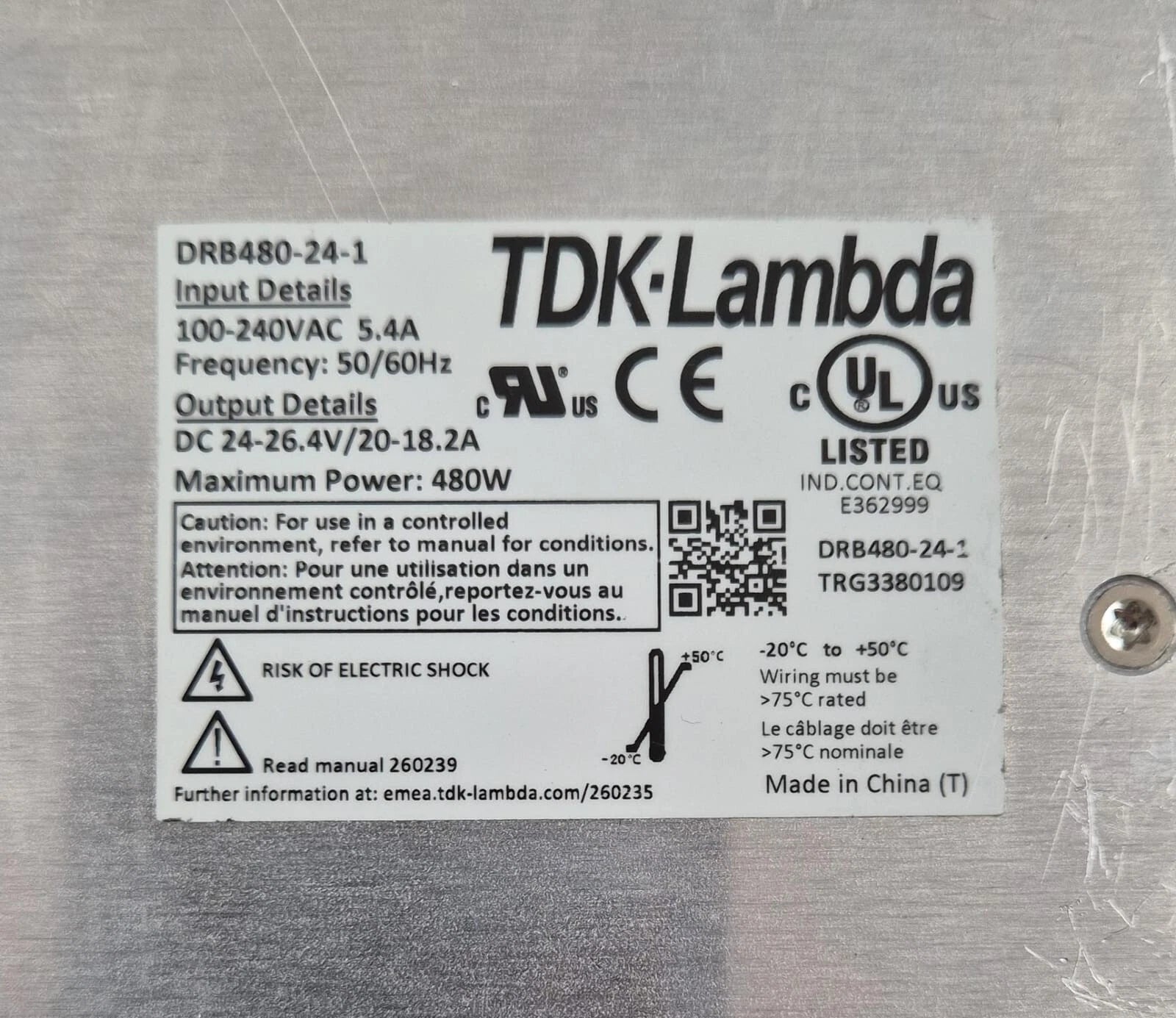 TDK-Lambda DRB480-24-1 Power Supply 24-26.4V 20-18.2A 480W 100-240VAC