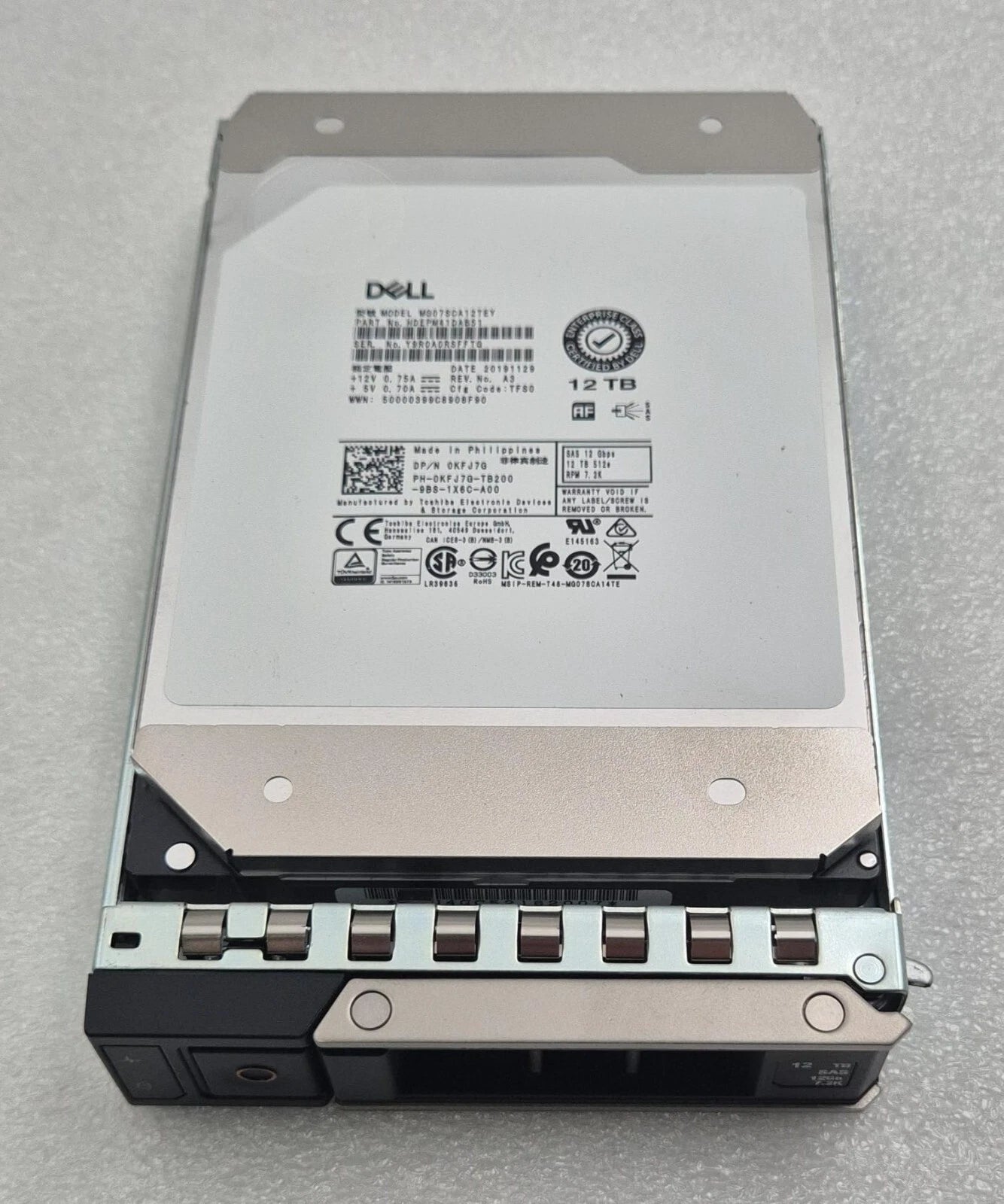 Dell 12TB SAS 12Gbps 3.5" 512e 7.2K HDD 0KFJ7G MG07SCA12TEY HDEPM41DAB51 W Caddy