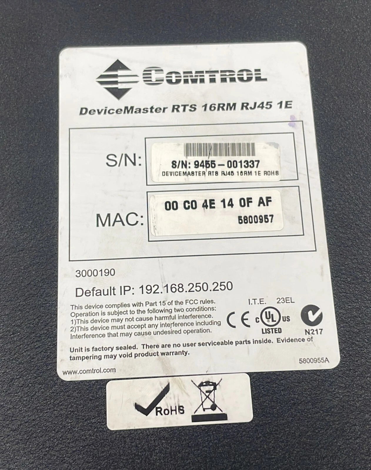 COMTROL DEVICEMASTER RTS RM 16RM RJ45 1E 3000190 Ethernet Server