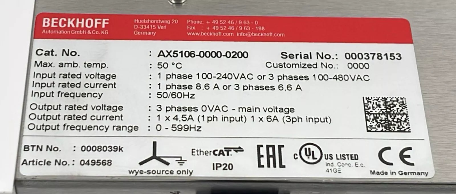 BECKHOFF AX5106-0000-0200 Digital Compact Servo Drive 1-channel W/ AX5805