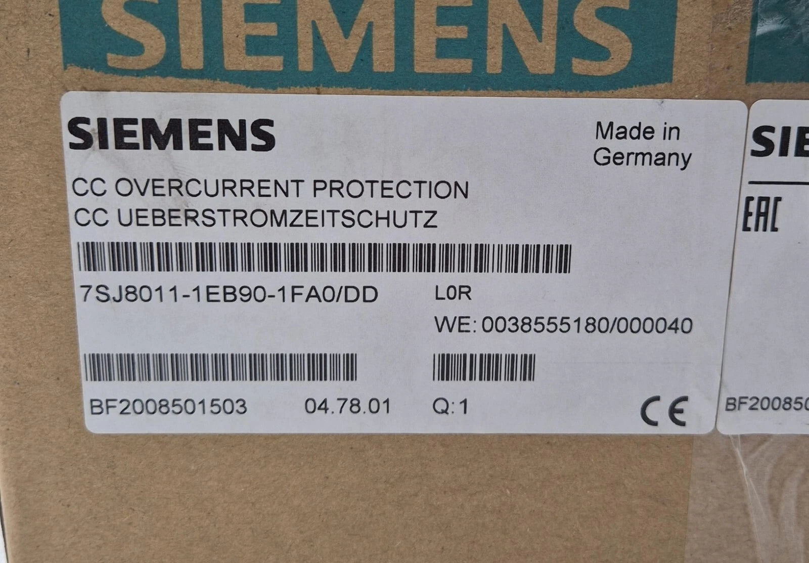 SIEMENS 7SJ8011-1EB90-1FA0/DD CC OVERCURRENT PROTECTION Relay SIPROTEC *SEALED*