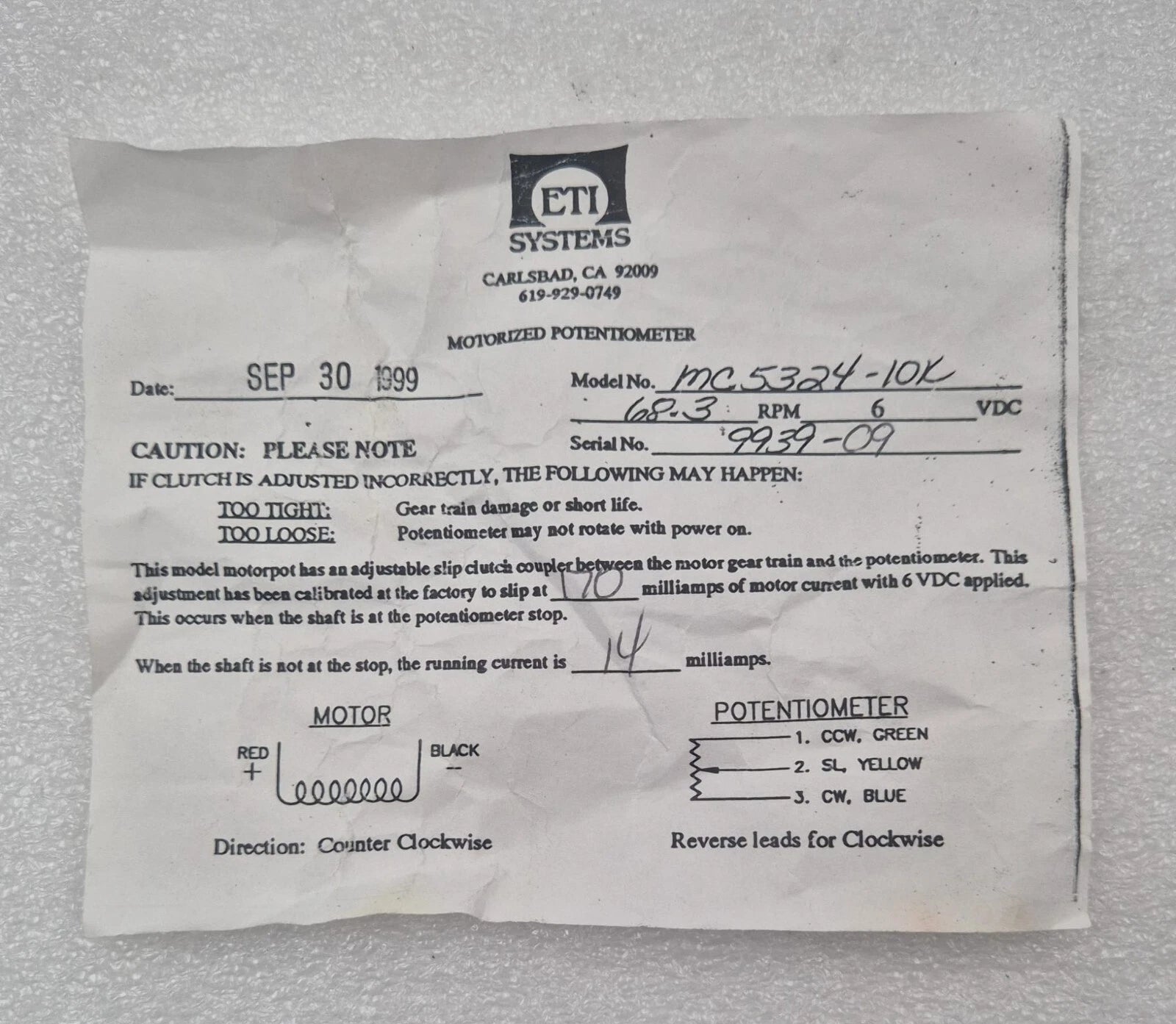 ETI Systems MC5324-10K 6VDC Motorized Potentiometer 68.3 RPM  Motor