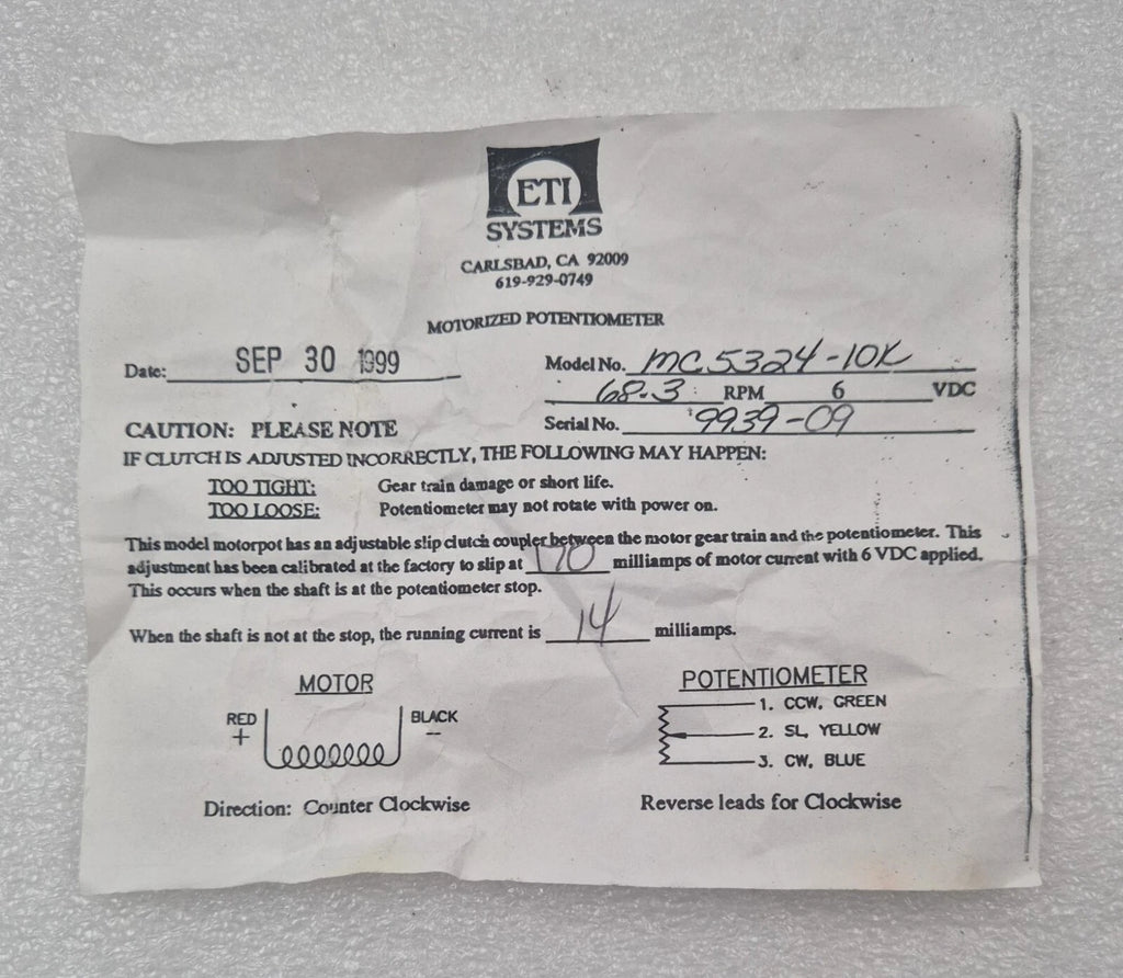 ETI Systems MC5324-10K 6VDC Motorized Potentiometer 68.3 RPM  Motor