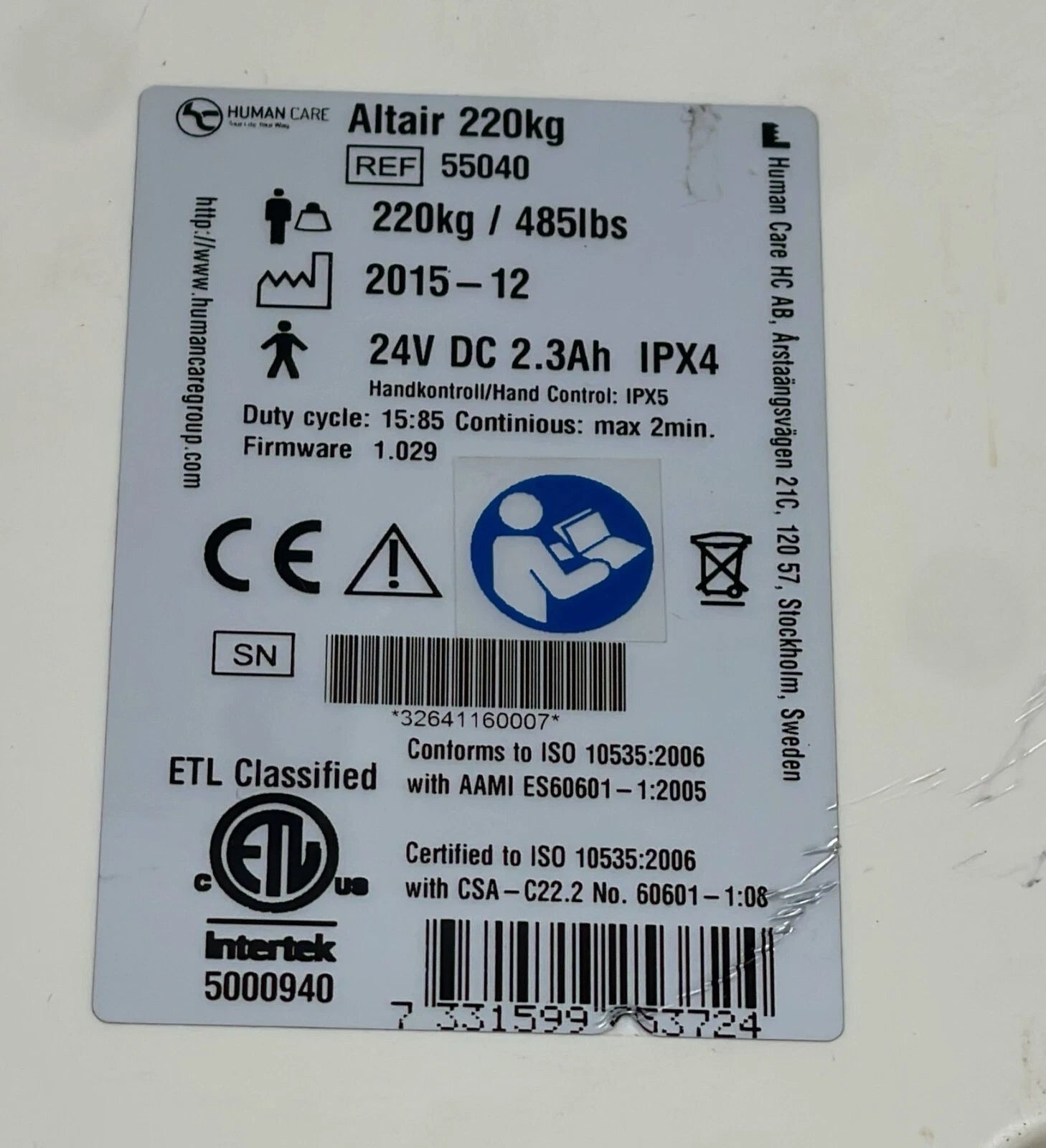 Human-Care Altair-220Kg/485lbs Patient Ceiling Lift Hoist  55040 **AS IS