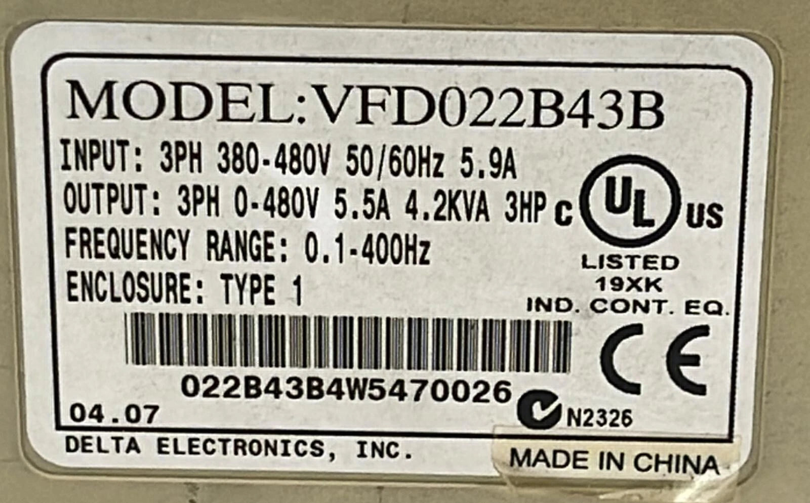 DELTA VFD-B VFD022B43B AC Drive 2.2kW 3HP 460V 3-Phase