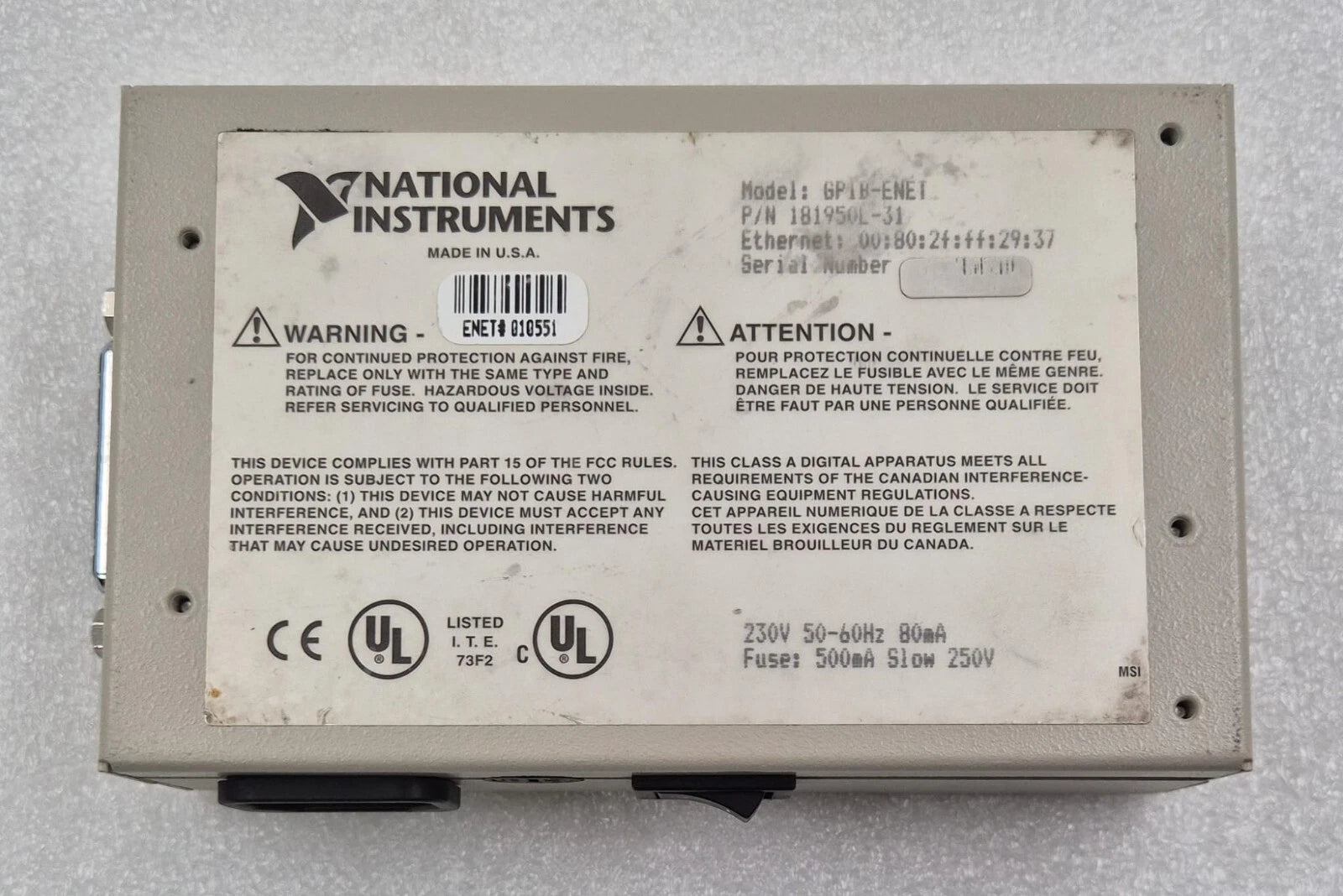 NATIONAL INSTRUMENTS GPIB-ENET Ethernet to IEEE 488 Controller 181950L-31 230V