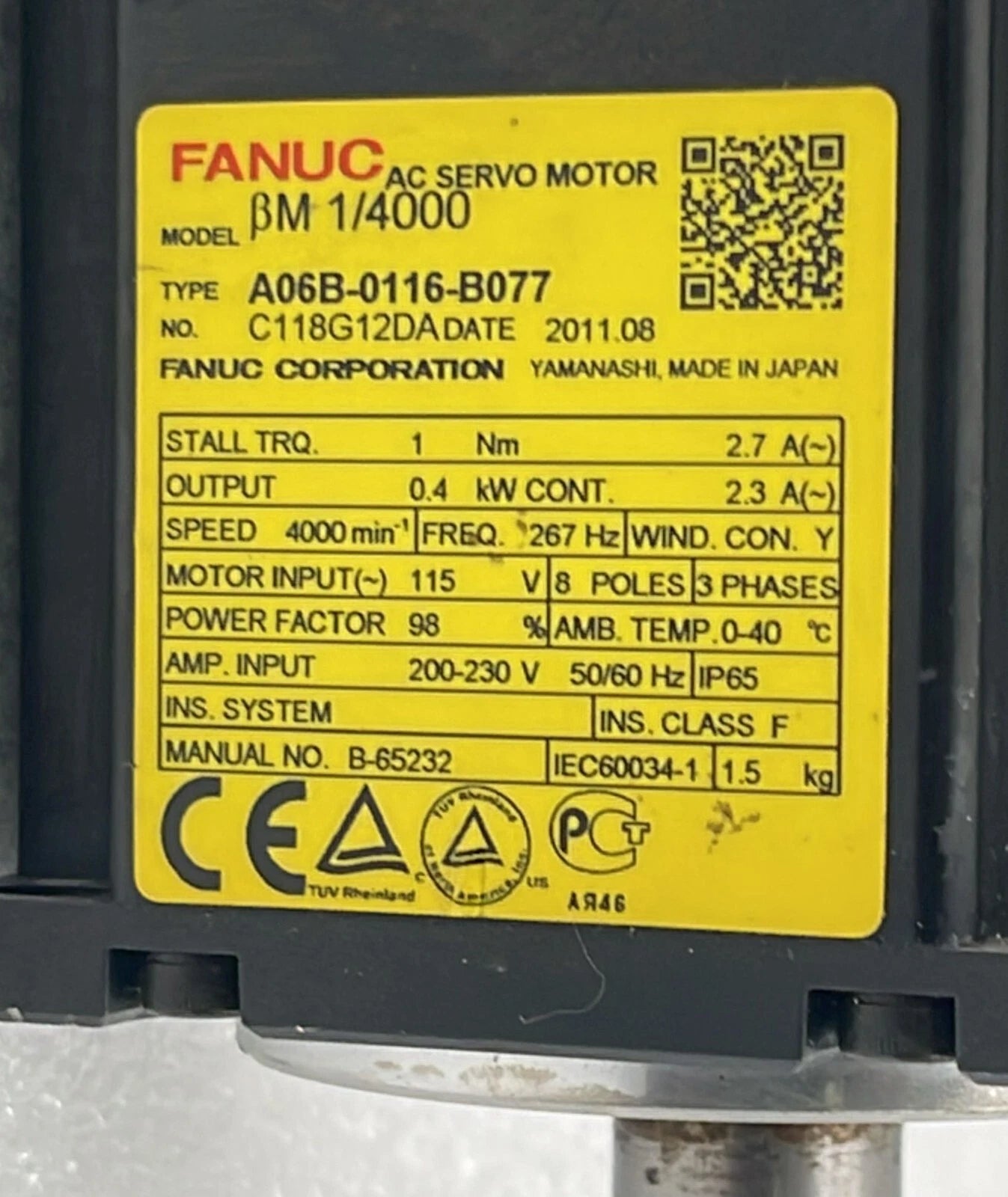 Fanuc BM 1/4000 AC Servo Motor Fanuc A06B-0116-B077 CNC Automation