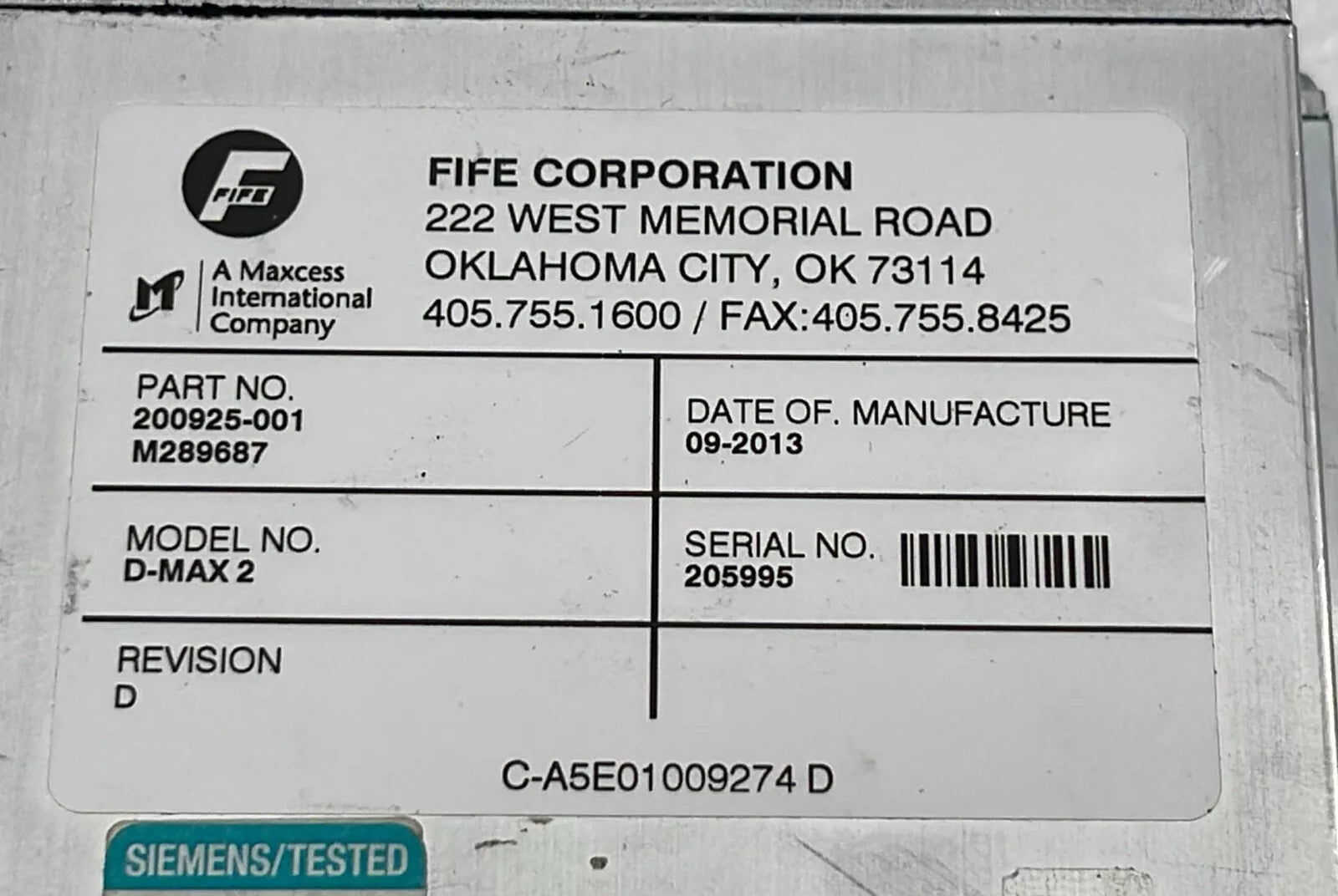 FIFE D-MAX 2 M289687 Web Guid Controller 200925-001