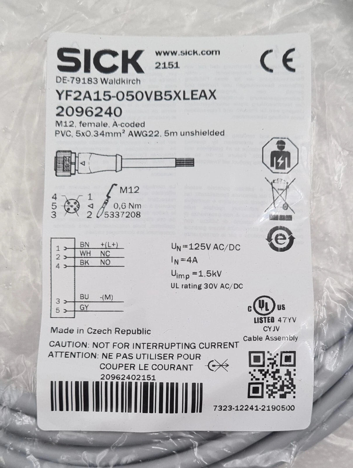 [LOT 3] NEW SEALED - SICK YF2A15-050VB5XLEAX 2096240 Connecting Sensor Cable 5m