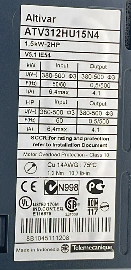 Schneider Electric Altivar ATV312HU15N4 AC variable frequency drive 1.5kW 380–500V