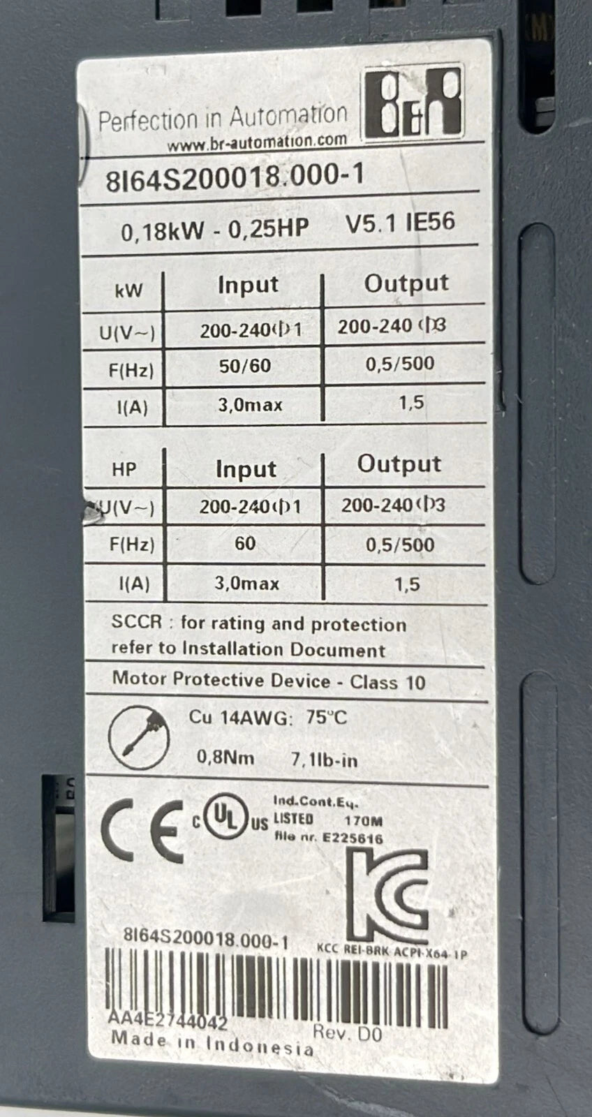 B&R Automation ACOPOSinverter X64 8I64S200018.000-1 0,18kW 0,25HP V5.1
