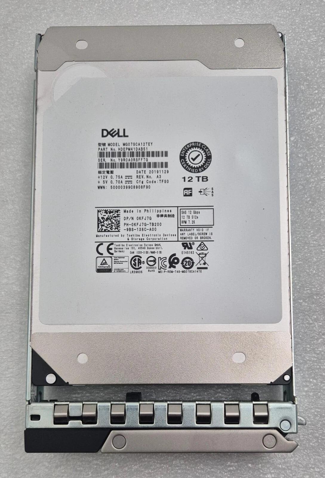 Dell 12TB SAS 12Gbps 3.5" 512e 7.2K HDD 0KFJ7G MG07SCA12TEY HDEPM41DAB51 W Caddy